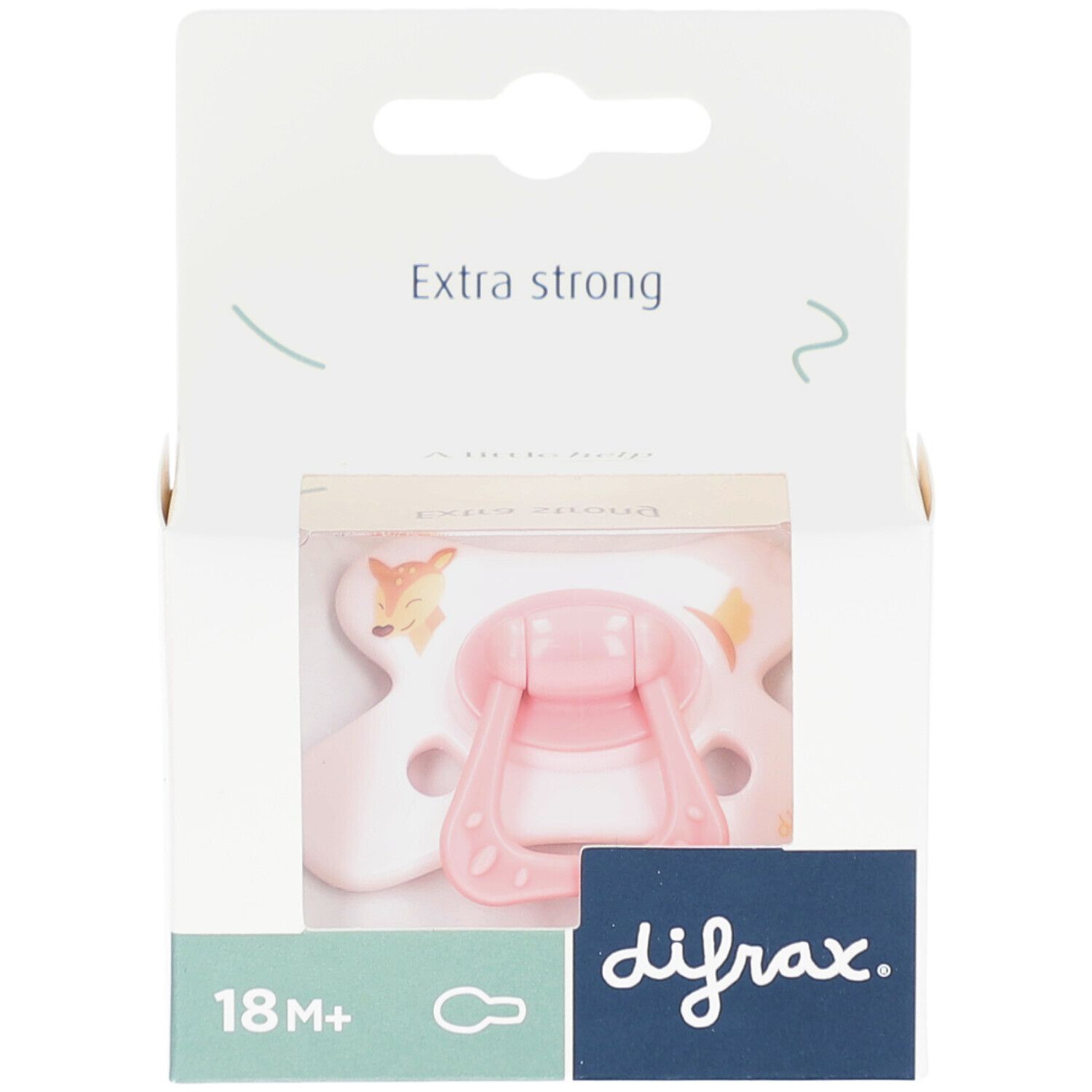 Sucette rose avec motif faon dans son emballage. Visible: marque difrax, âge 18M+, texte "Extra strong".