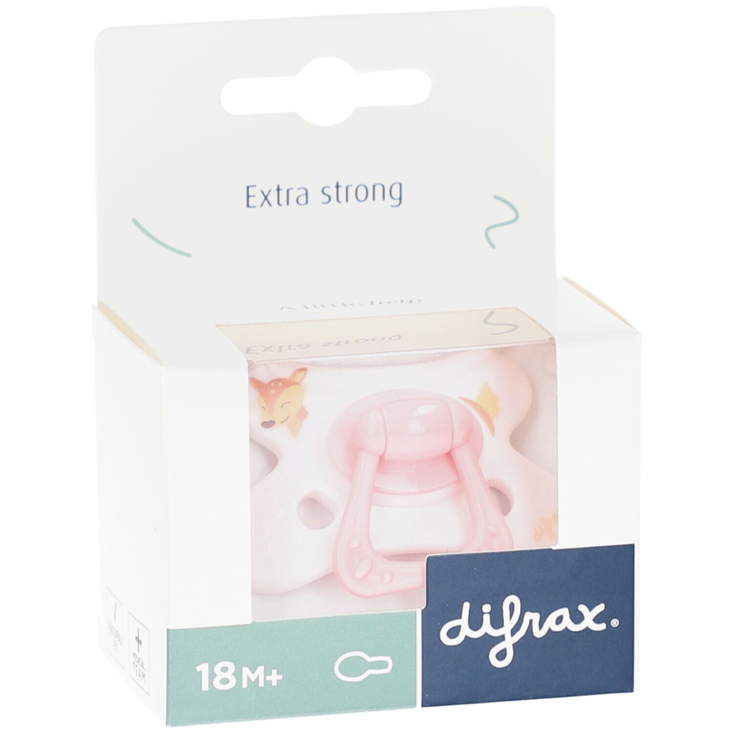 Sucette rose avec motif faon dans son emballage. Visible: marque difrax, âge 18M+, texte "Extra strong".