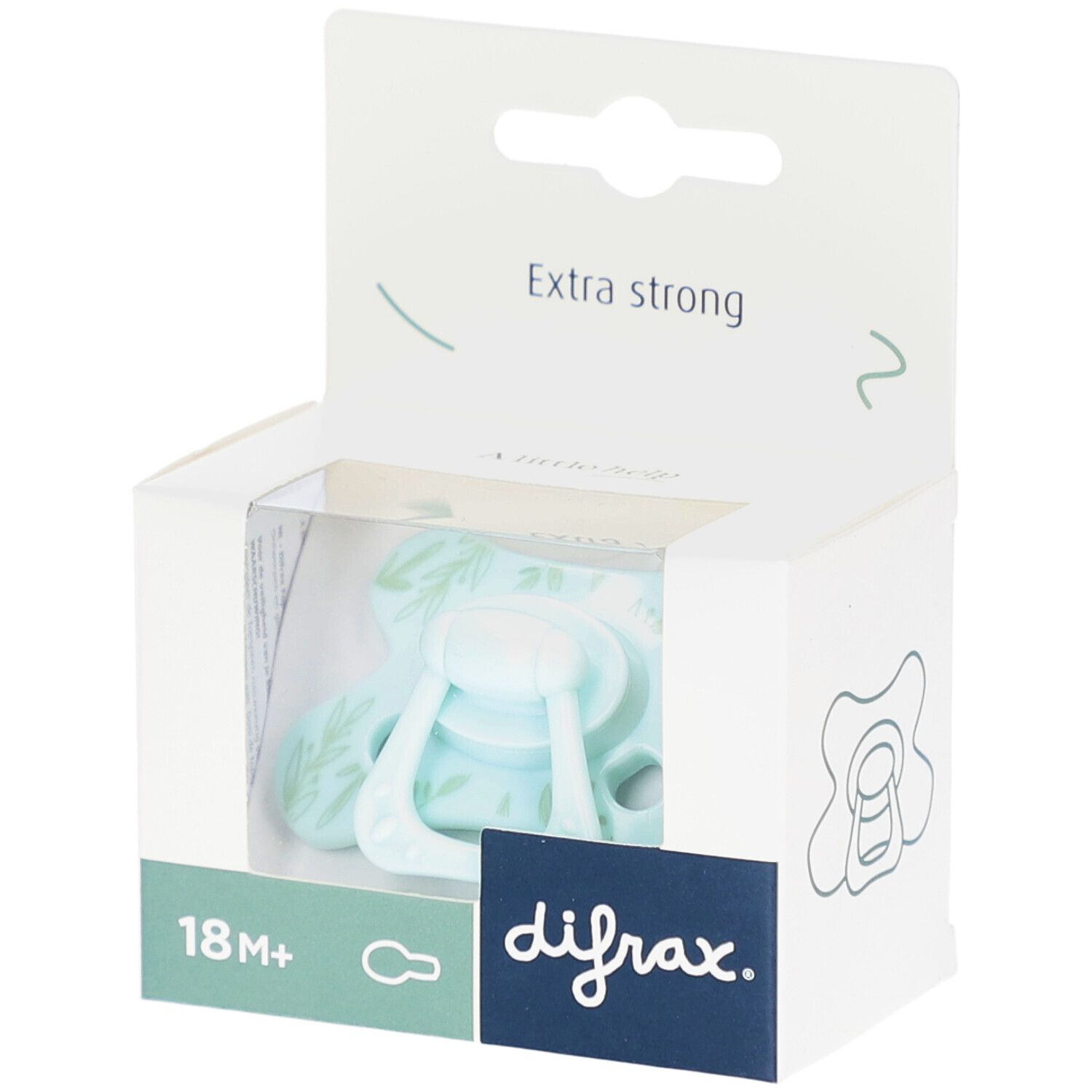 Sucette bleue claire dans une boîte. Inscriptions : difrax, 18M+, Extra strong.