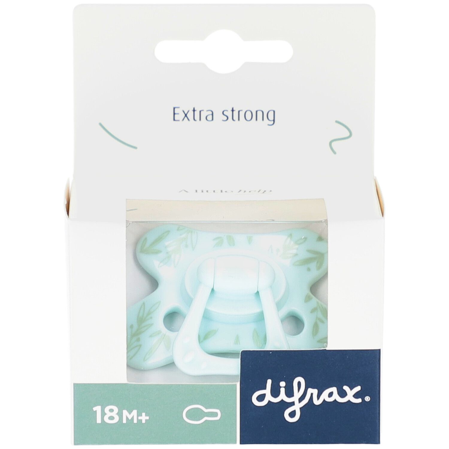 Sucette bleu clair dans une boîte. Inscriptions : difrax, 18M+, Extra strong.
