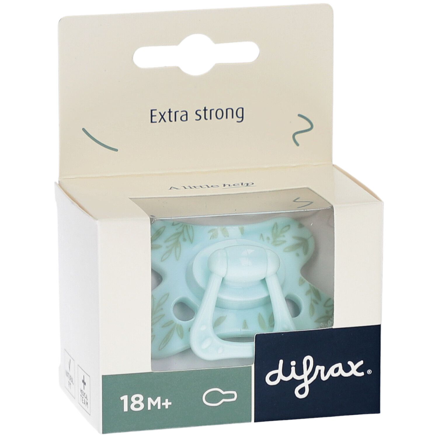 Sucette bleu clair dans une boîte. Inscriptions : difrax, 18M+, Extra strong.