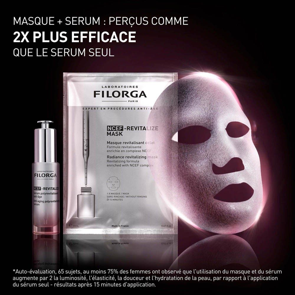 Masque et sérum Filorga NCEF-Revitalize. Texte : 2x plus efficace que le sérum seul.