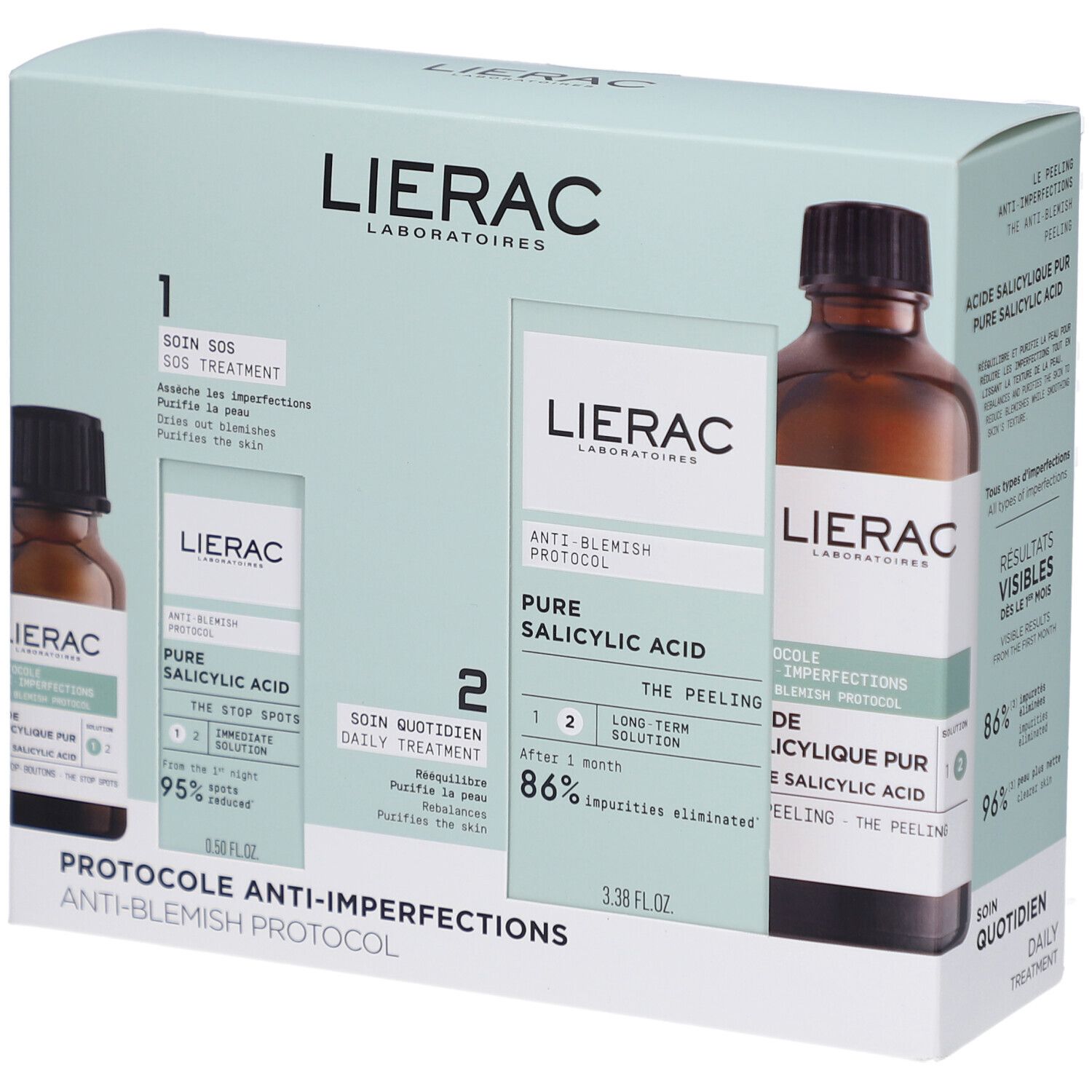 Coffret Lierac. Deux flacons en verre ambré, deux étuis. Inscription: Protocole Anti-Imperfections, Pure Salicylic Acid.