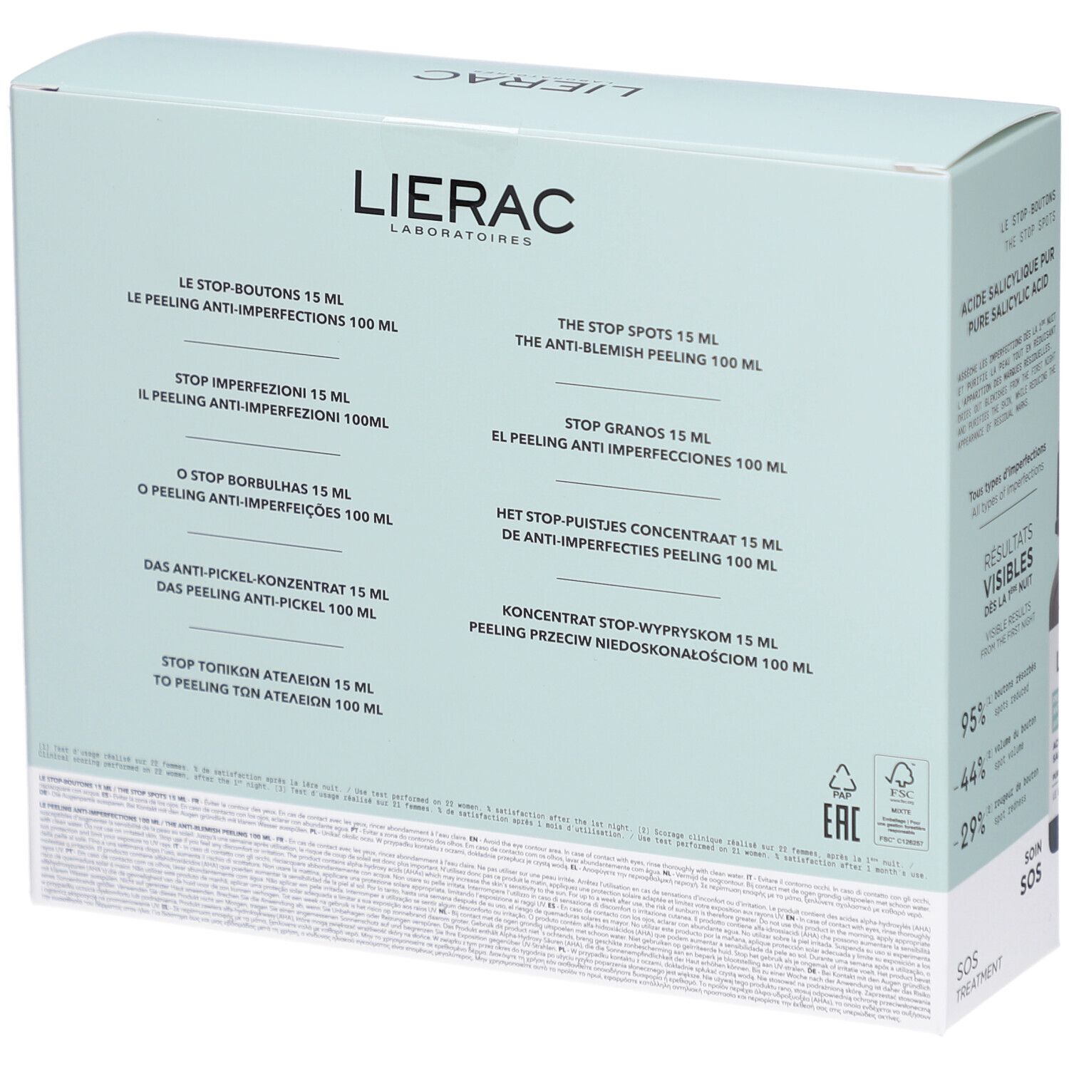 Dos du coffret. Texte multilingue. Inscription: Lierac, Anti-Imperfections, The Stop Spots, The Anti-Blemish Peeling.
