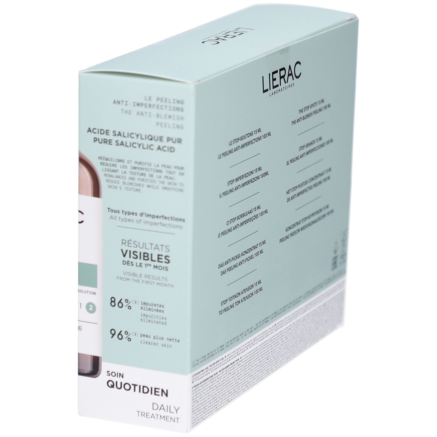 Boîte inclinée, dos visible. Inscription: Lierac, Pure Salicylic Acid, Protocole Anti-Imperfections.