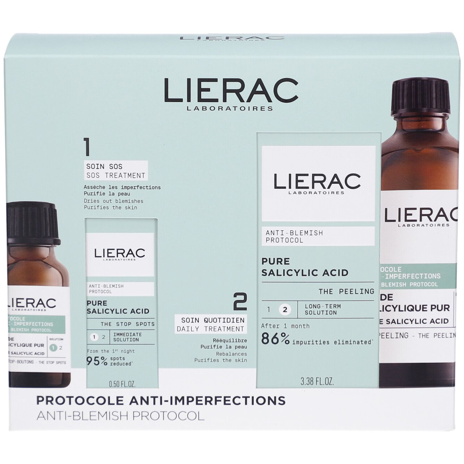 Coffret avec deux flacons et deux étuis. Inscription: Lierac, Pure Salicylic Acid, Protocole Anti-Imperfections.