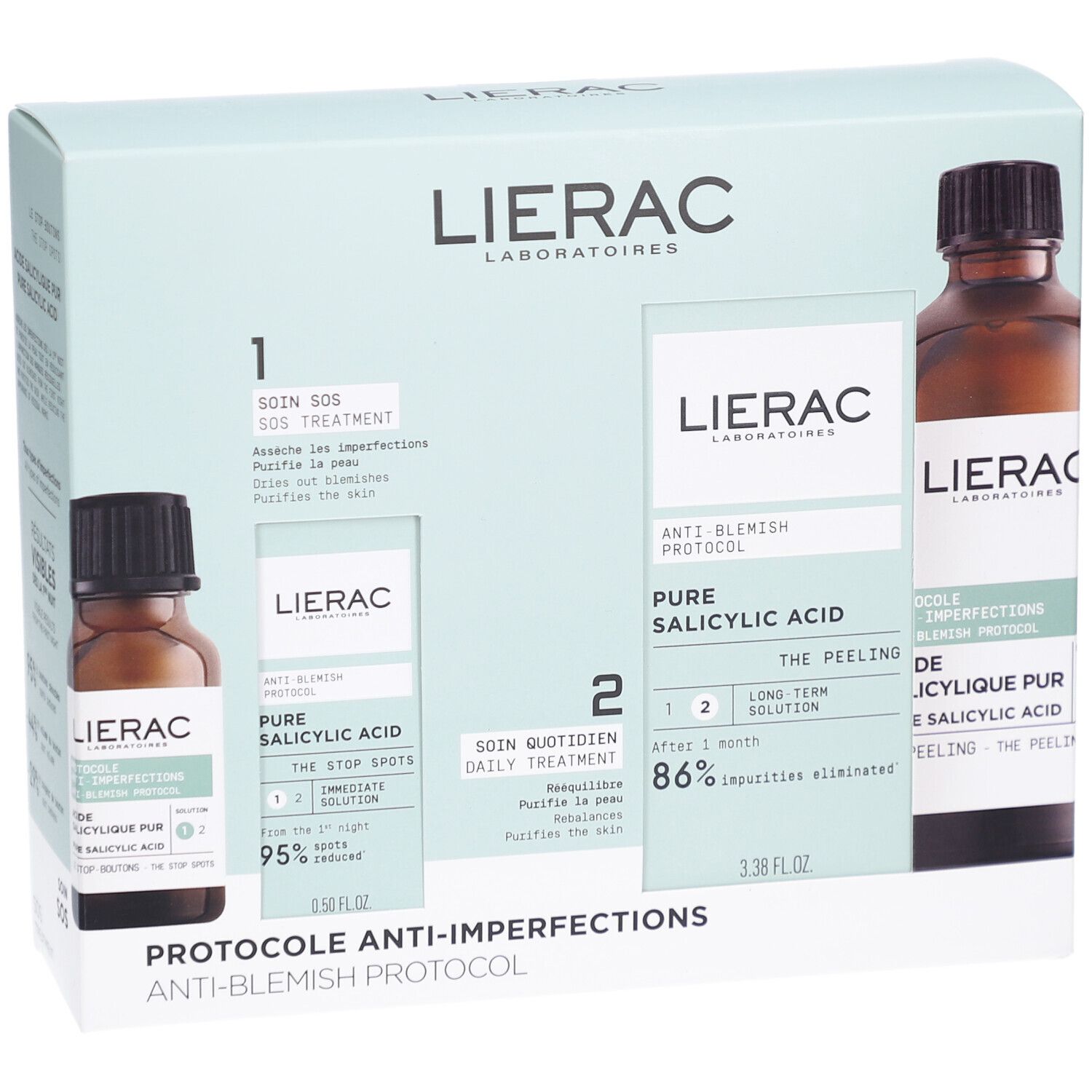 Coffret avec deux flacons et deux étuis. Inscription: Lierac, Pure Salicylic Acid, Protocole Anti-Imperfections.