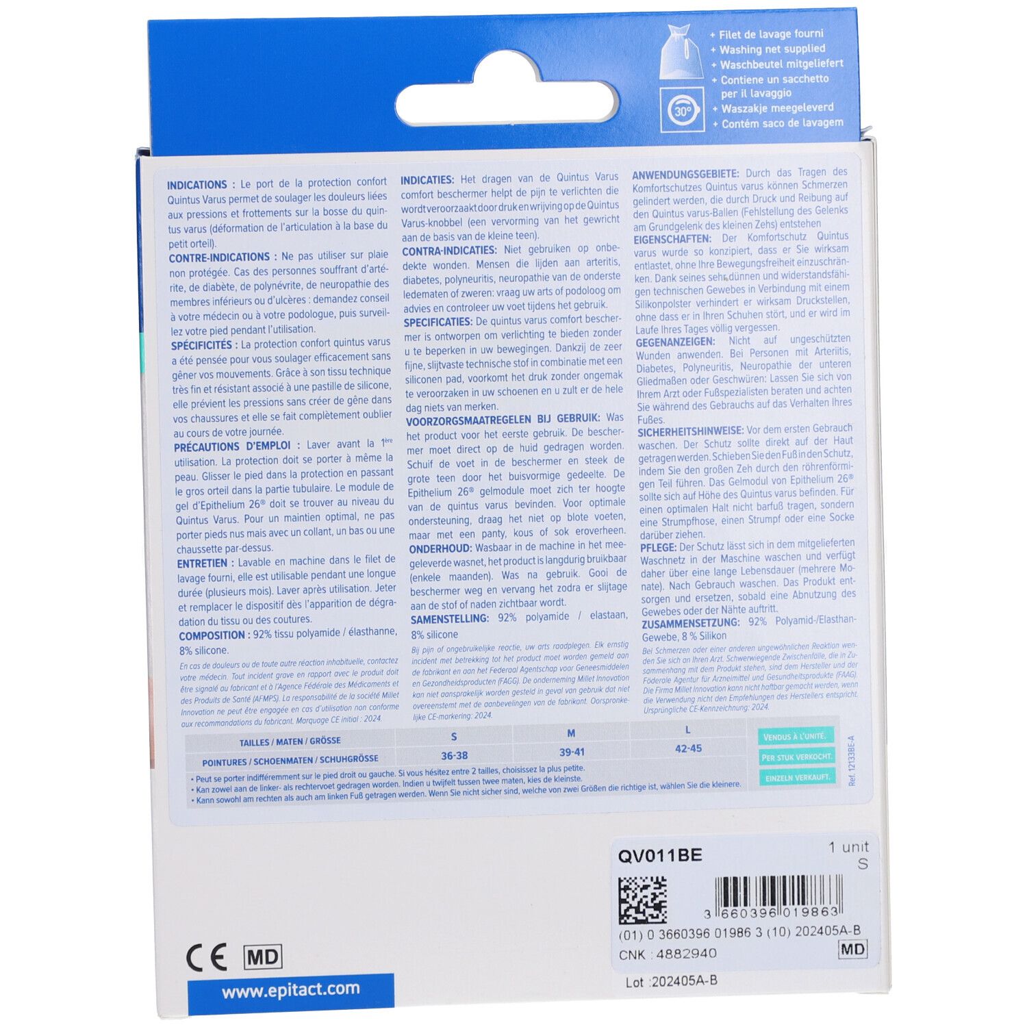 Dos de l'emballage Epitact Confort Beschermer Quintus Varus L. Texte, indications de taille, marquage CE.