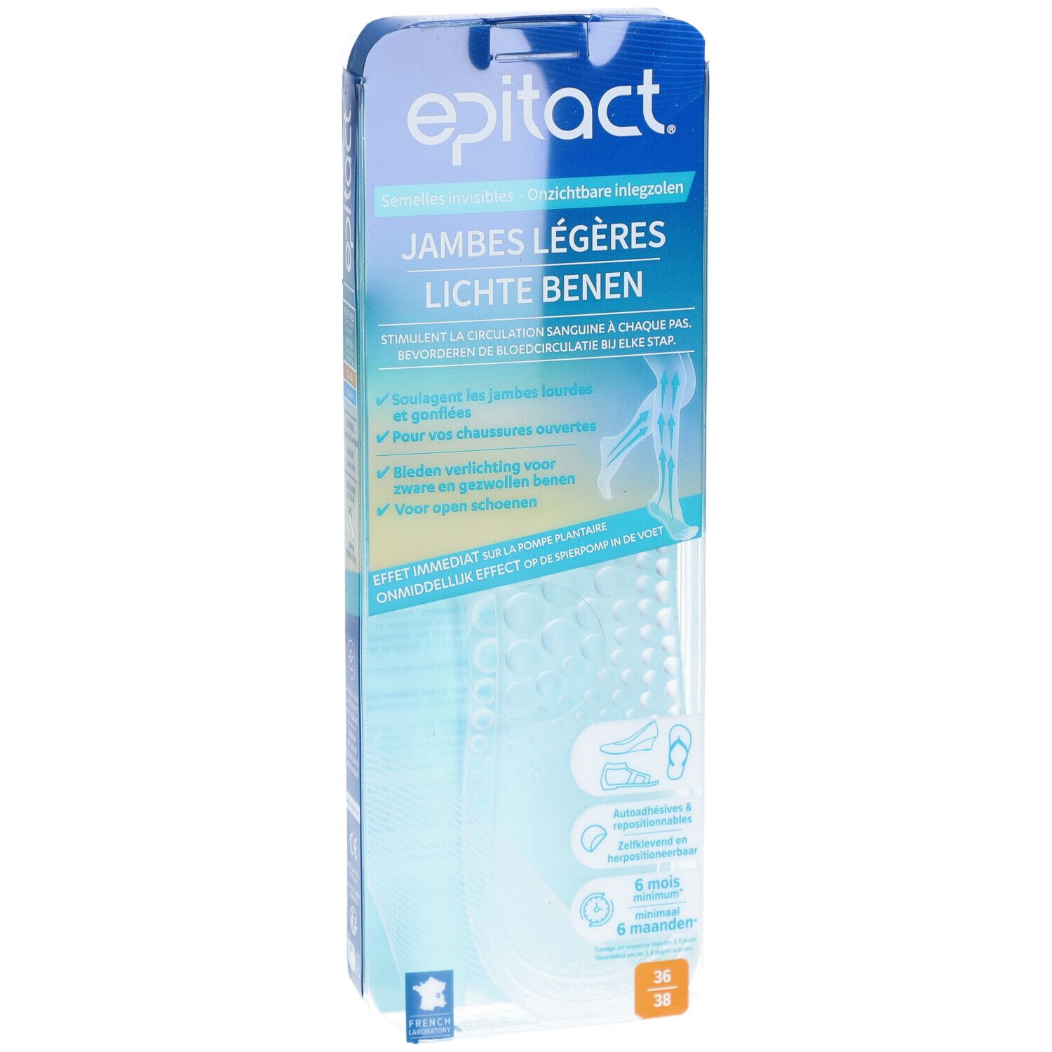 Emballage d'epitact® semelles invisibles. Texte: Jambes légères, Lichte benen. Taille 36-38. Semelles visibles.