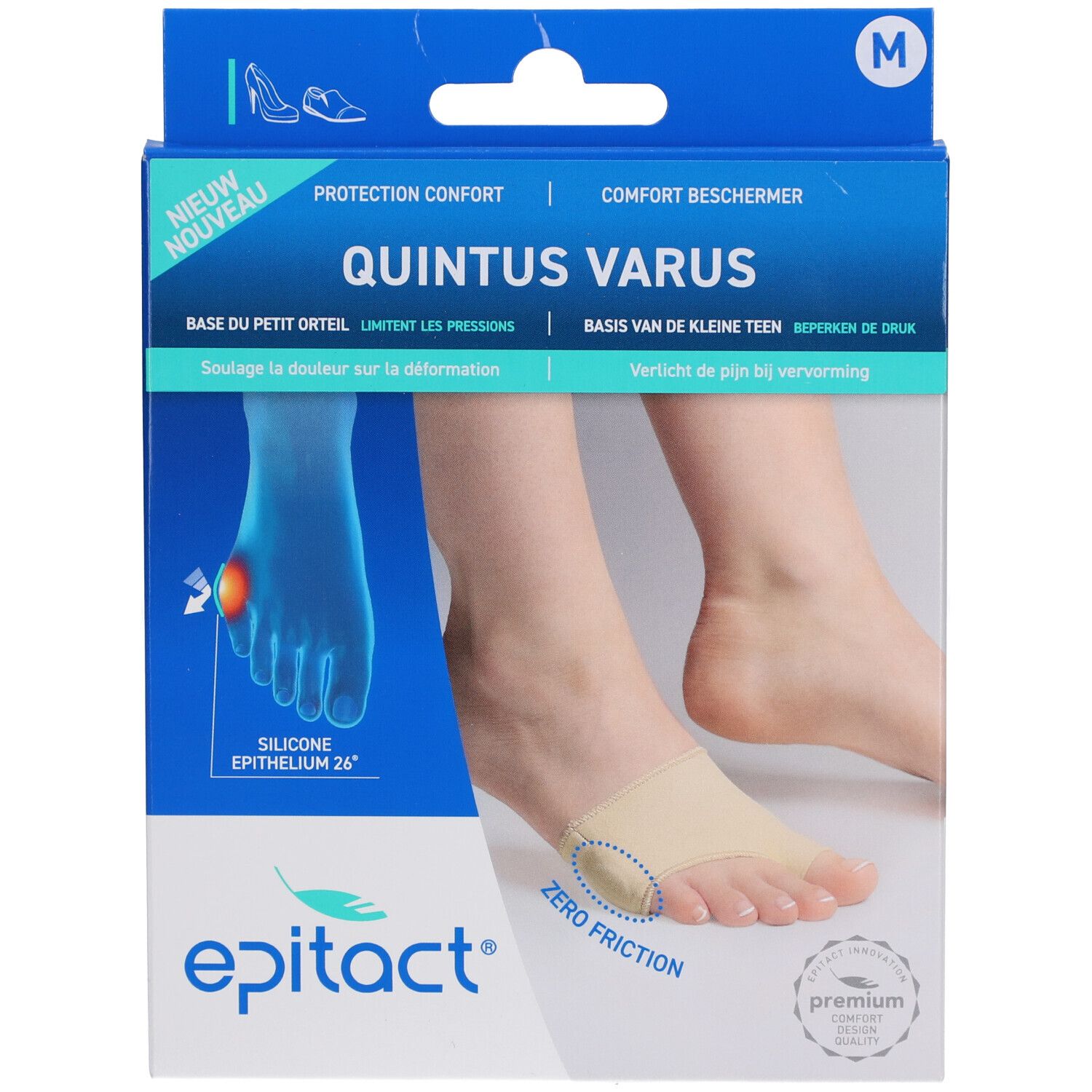 Emballage Epitact Confort beschermer Quintus Varus M. Image du produit sur un pied. Emballage bleu avec texte.