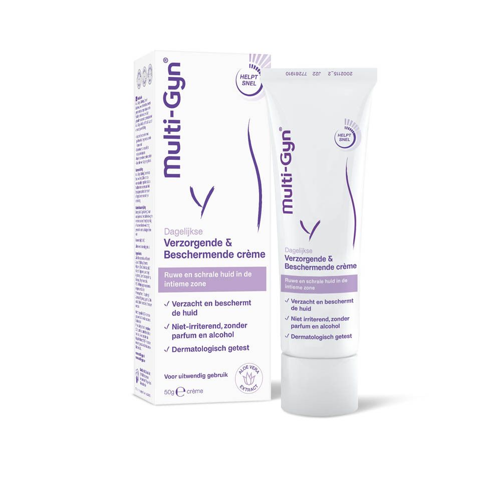 Produit avec emballage. Tube et boîte. Multi-Gyn. Verzorgerende & Beschermende crème.