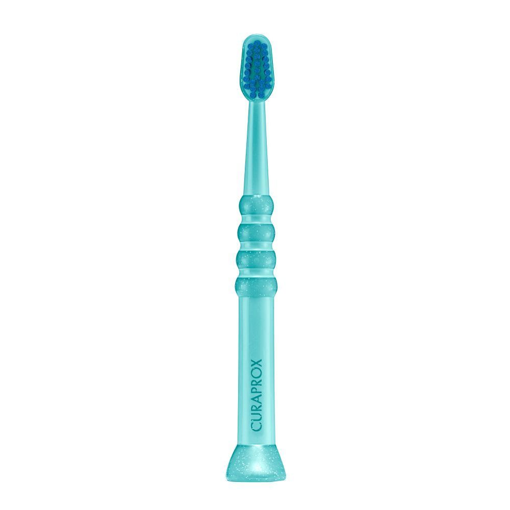 Brosse à dents bleue pour bébé. Manche bleu avec trois renfoncements. Marque Curaprox.