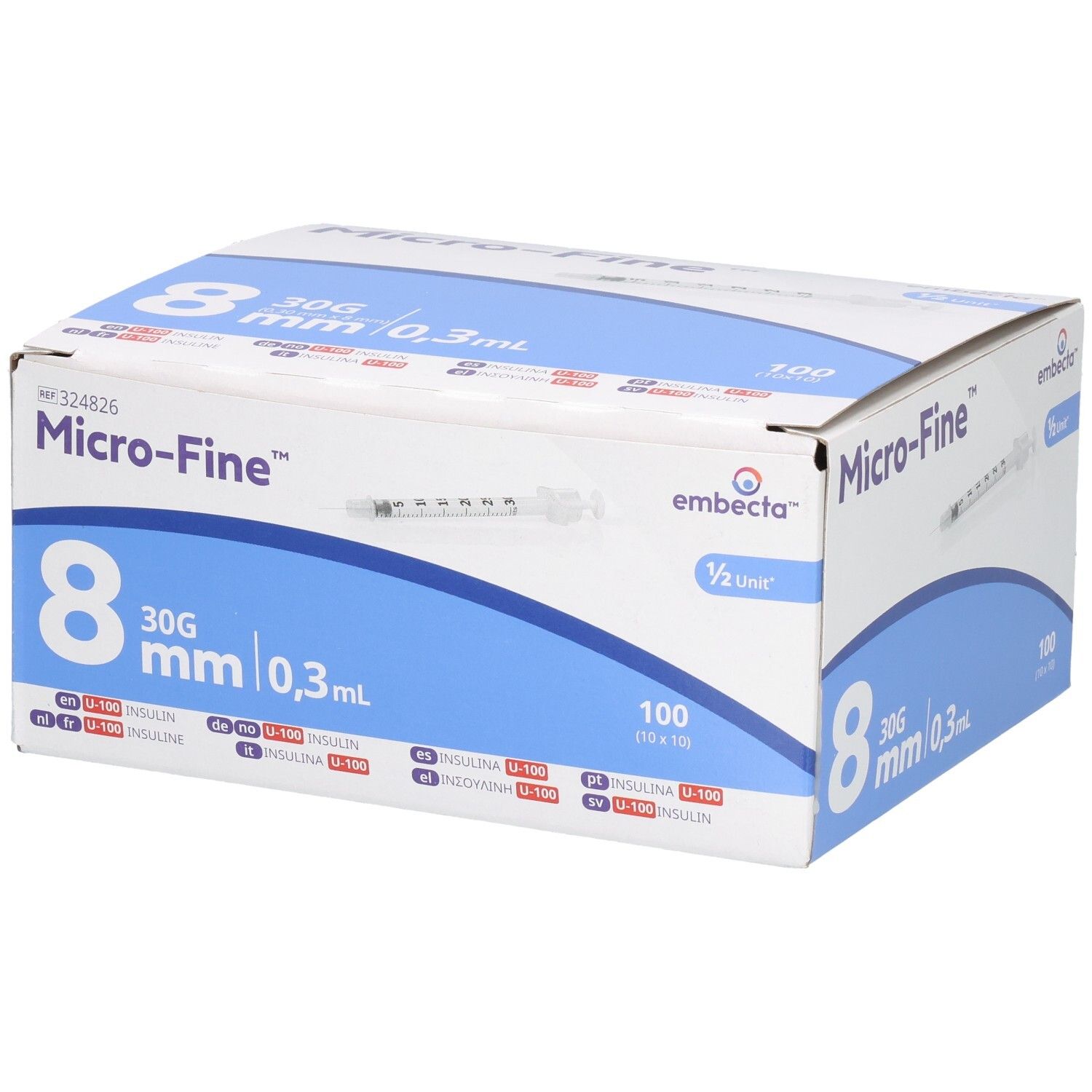 Boîte de 100 seringues jetables, 8 mm, 30G, 0,3 ml, marque Micro-Fine.