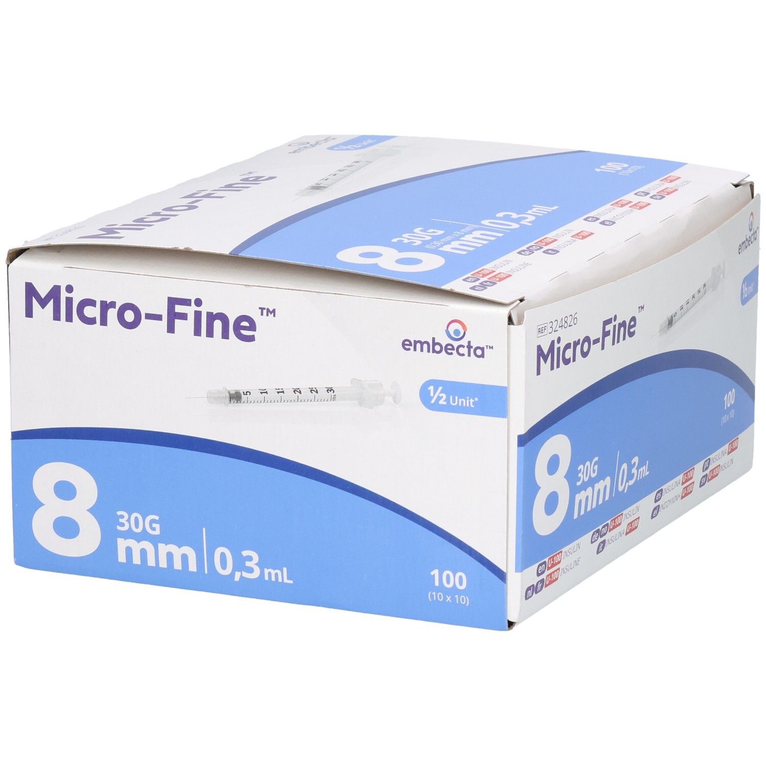 Boîte de 100 seringues jetables, 8mm, 30G, 0,3ml.