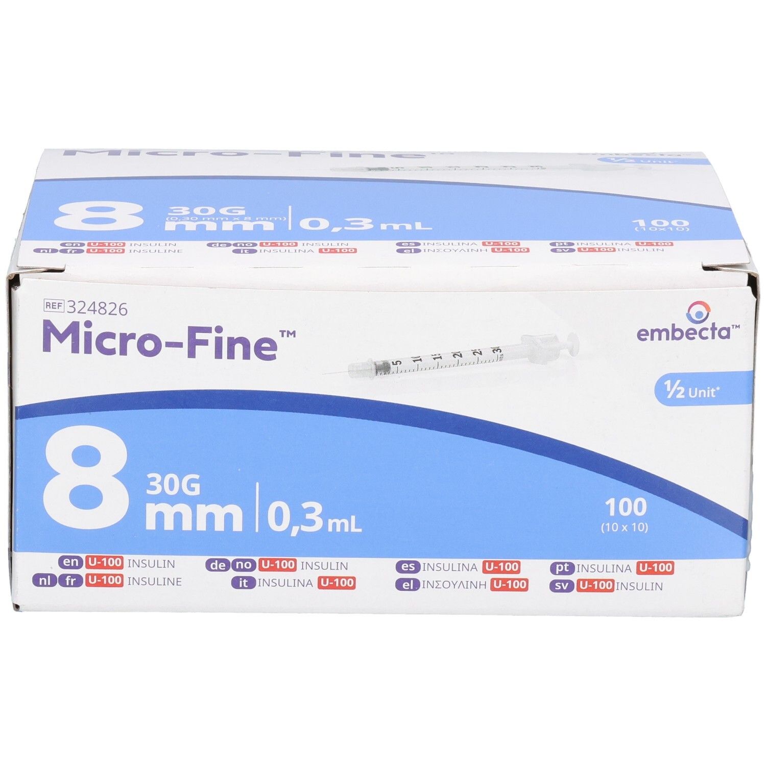 Boîte de 100 seringues jetables, 8mm, 0,3ml, 30G, pour insuline.