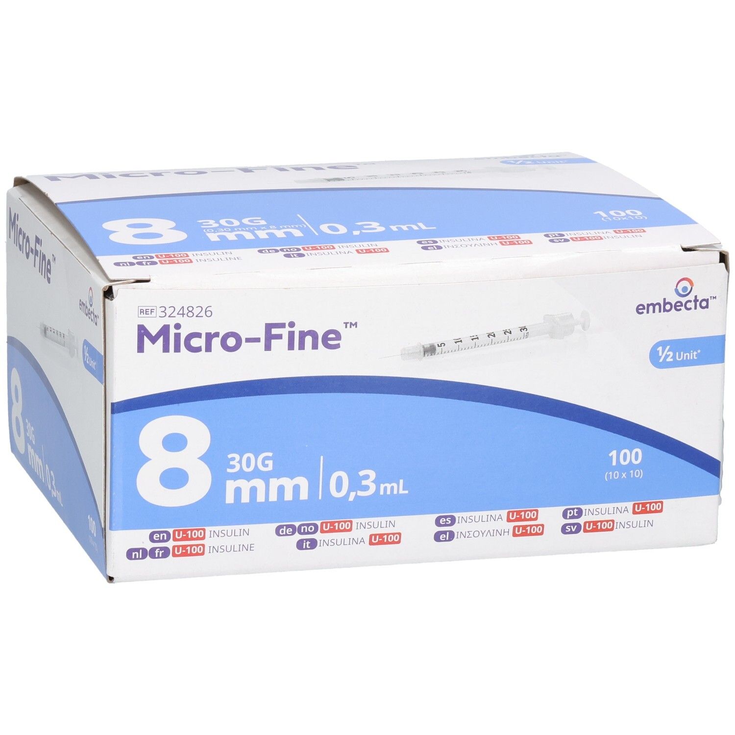 Boîte de 100 seringues à insuline Embecata Micro-Fine, 8mm, 30G, 0,3ml.