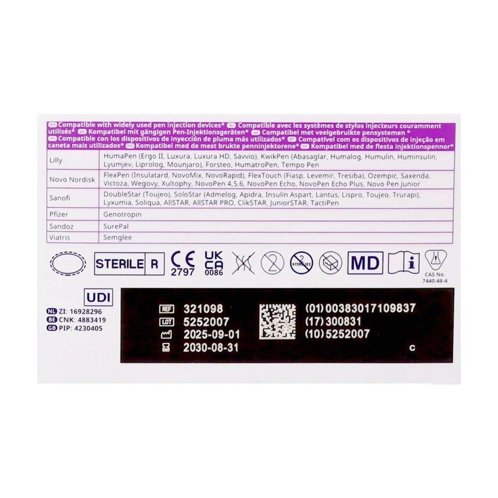 Dos de la boîte avec texte : Sans latex de caoutchouc naturel. Code QR et logo Embecta™.