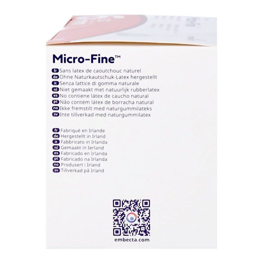 Dos de la boîte Micro-Fine. Texte: Compatible avec les stylos injecteurs. Stérile. Marquage MD.