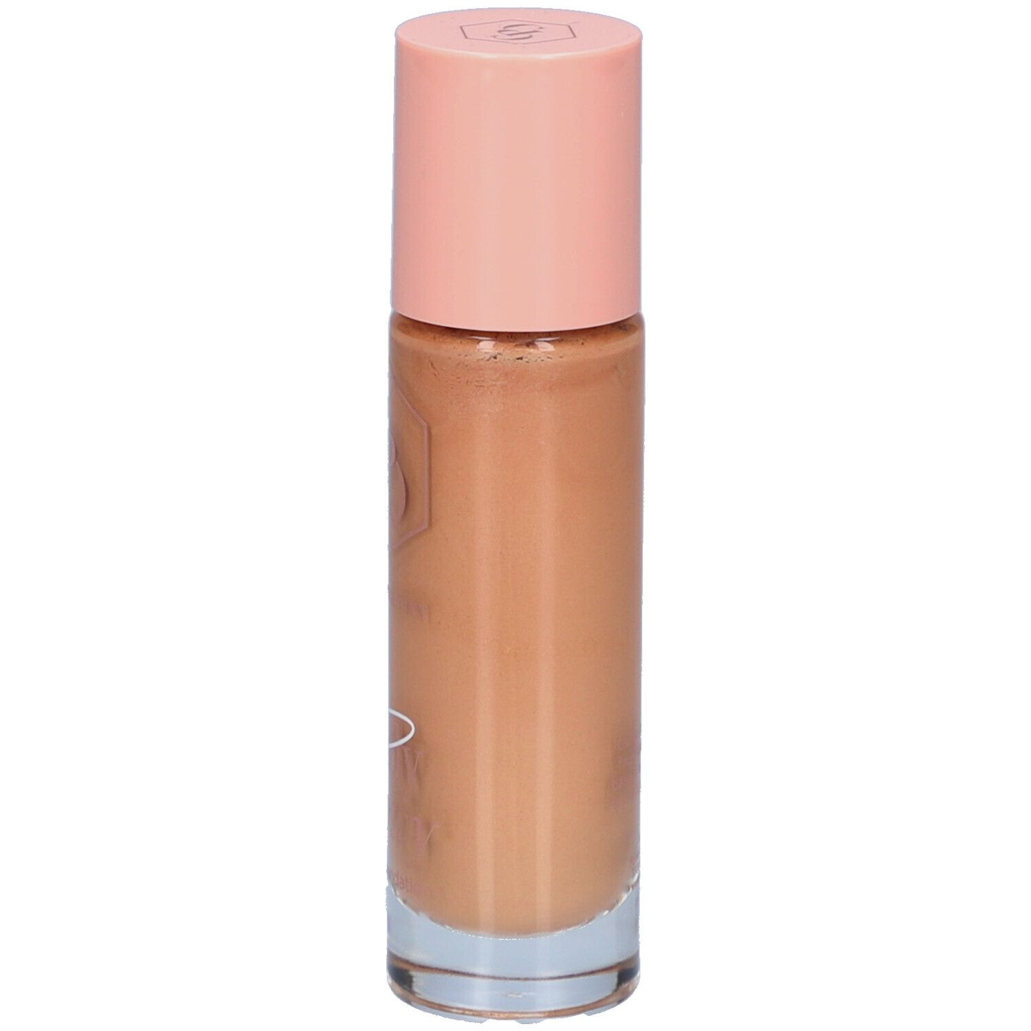 Fond de teint liquide en flacon de verre avec bouchon rose. Liquide doré plus foncé. Inscription illisible.