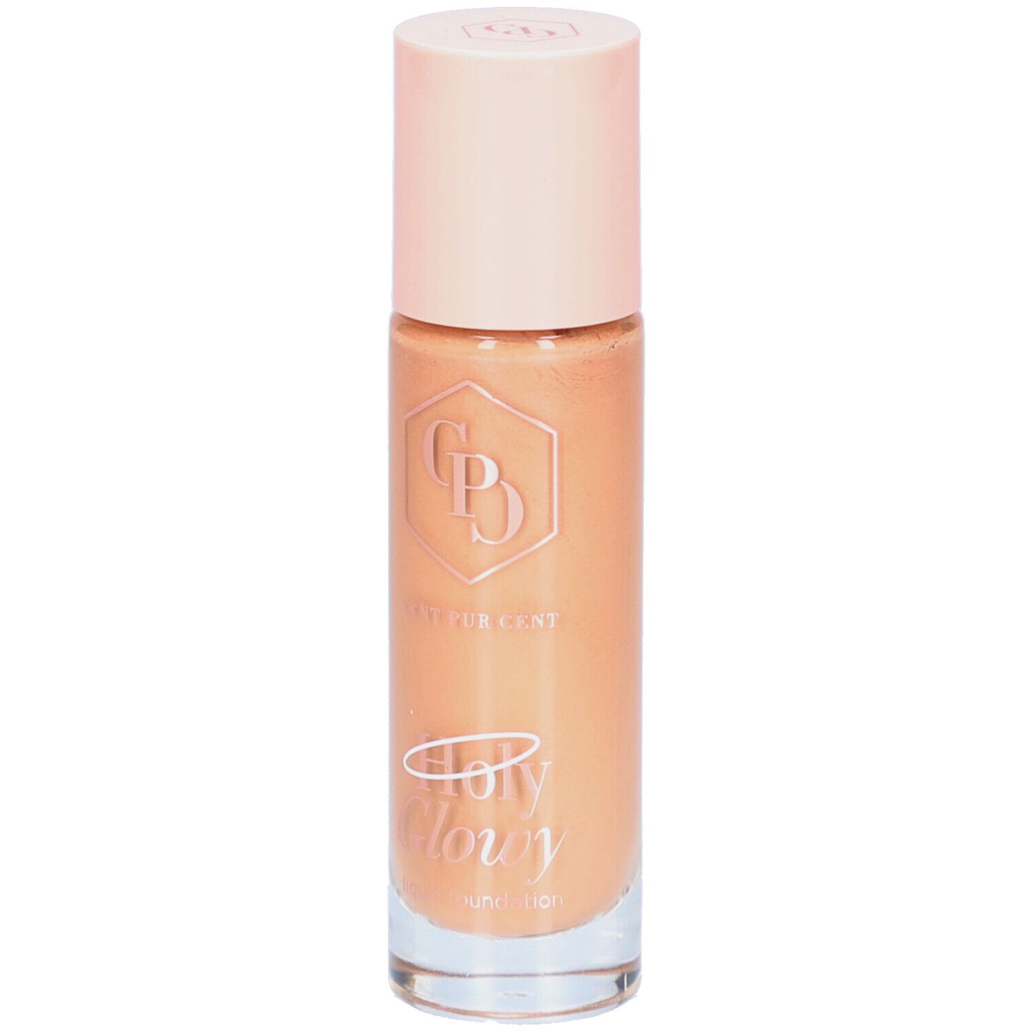 Fond de teint liquide en flacon de verre avec bouchon rose. Inscription: Cent Pur Cent, Holy Glowy. Liquide clair, doré.