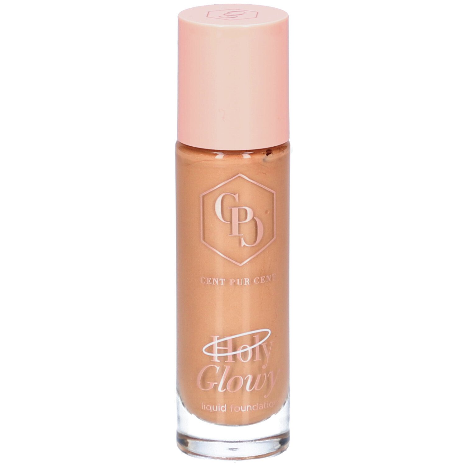 Fond de teint liquide en flacon de verre avec bouchon rose. Inscription: Holy Glowy, Cent Pur Cent.