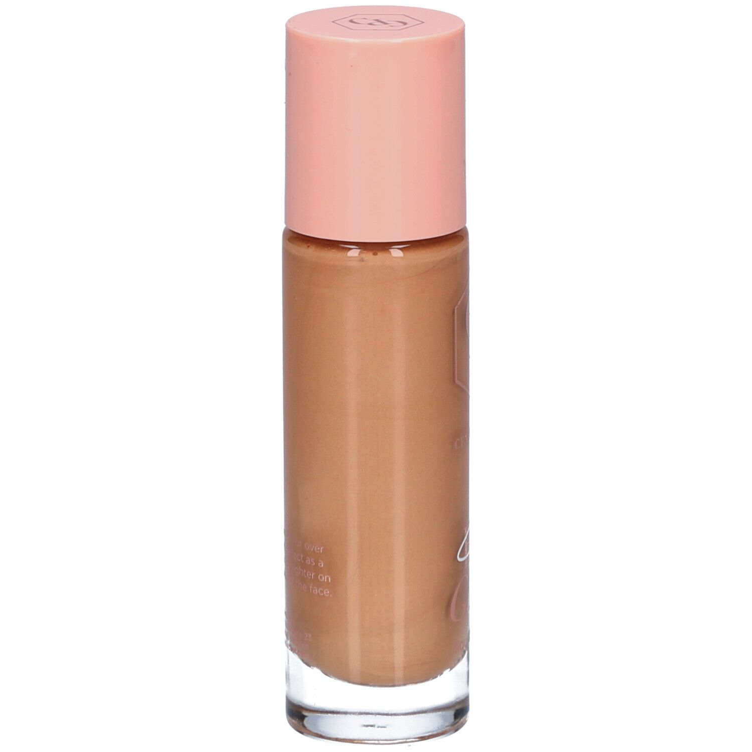 Fond de teint liquide en flacon de verre avec bouchon rose. Teinte: Medium.