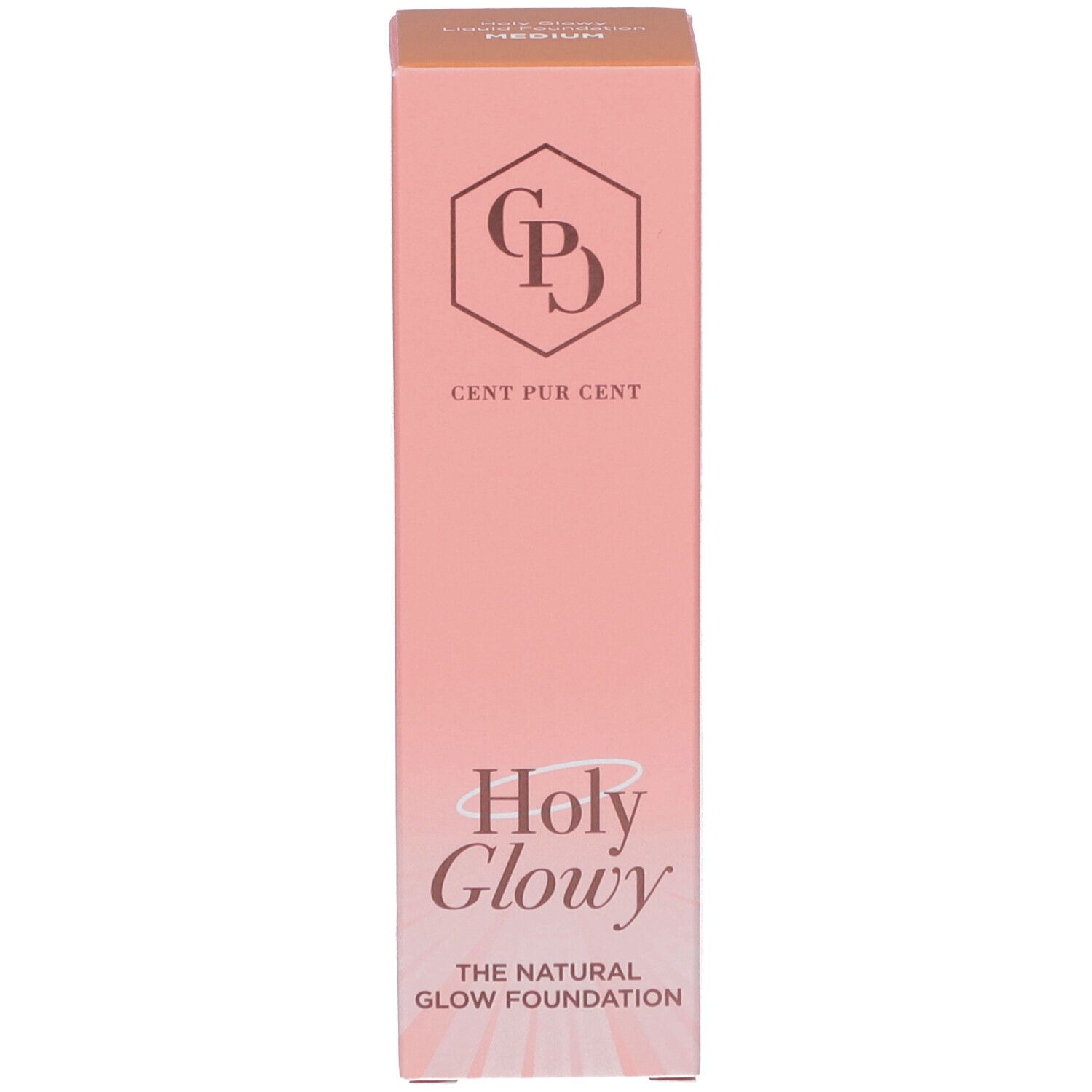 Emballage du fond de teint. Inscription: Holy Glowy, Cent Pur Cent, The Natural Glow Foundation.