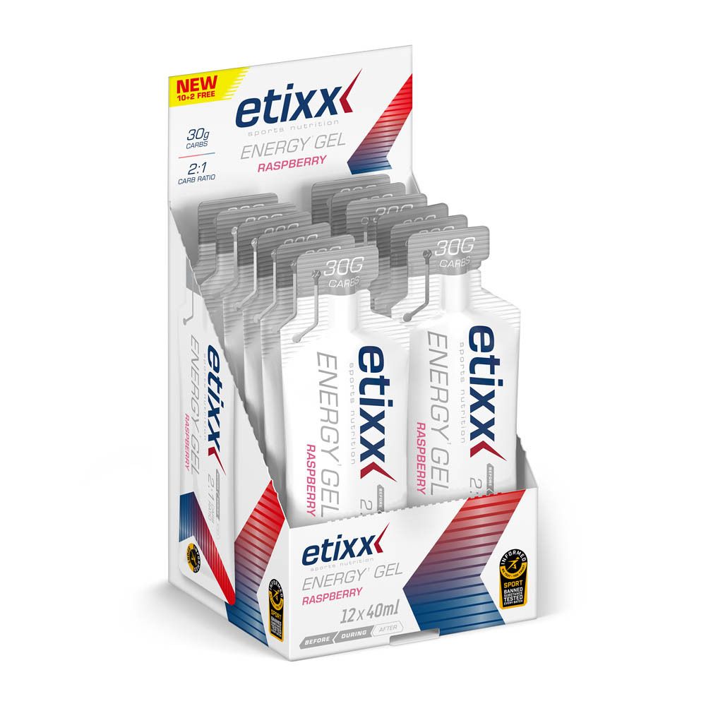 Présentoir Etixx Energy Gel Framboise. Contient des sachets de gel. Avec inscription "12 x 40ml".