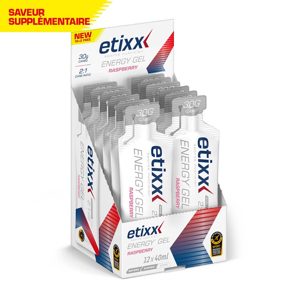 Etixx Energy Gel Framboise. Présentoir avec sachets de gel. Avec inscription "SAVEUR SUPPLEMENTAIRE".