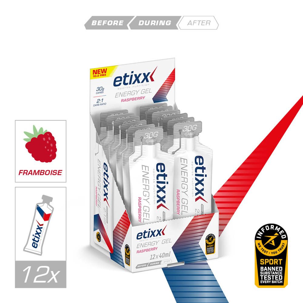 Etixx Energy Gel Framboise. Présentoir avec sachets de gel. Avec inscription "12x" et illustration de framboise.
