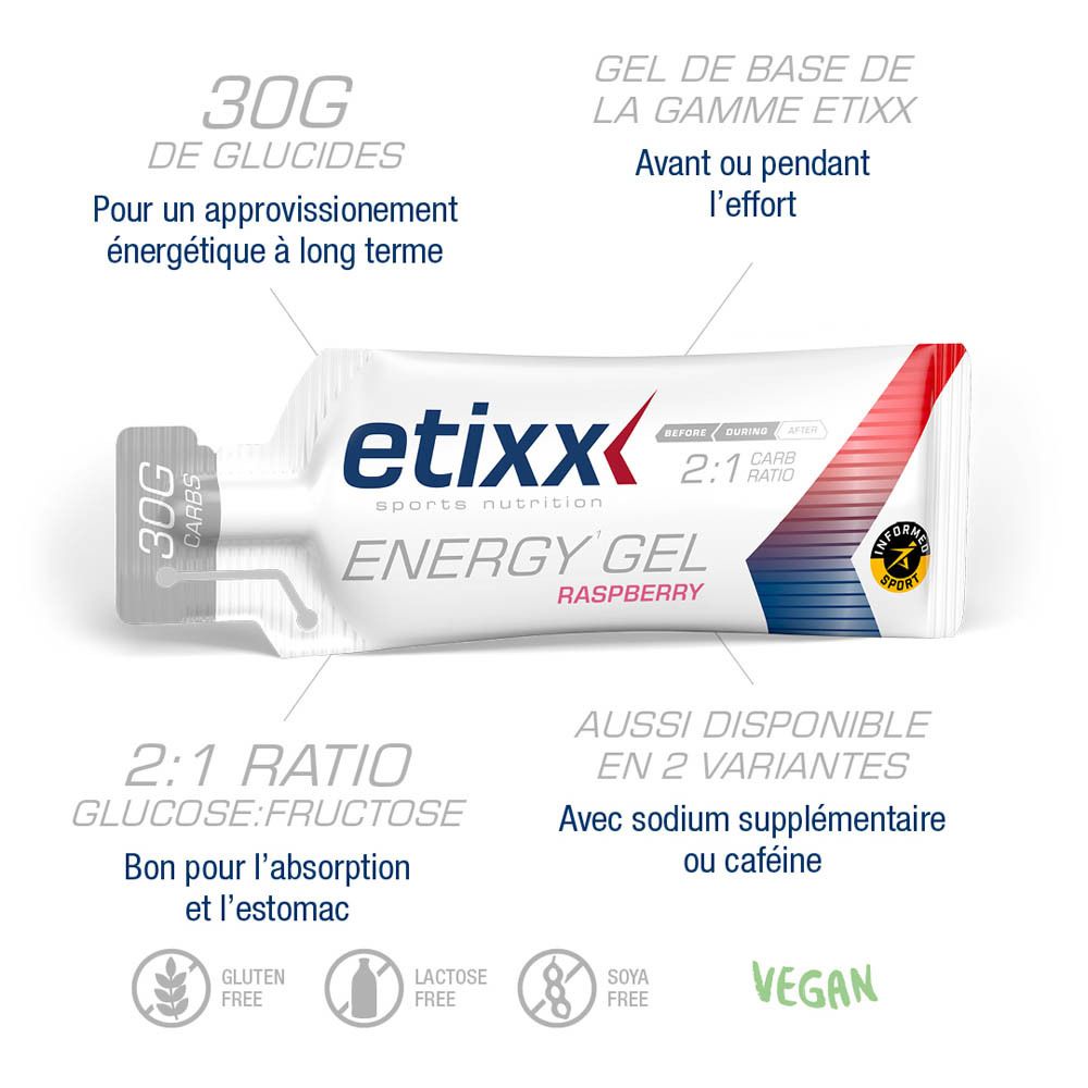 Etixx Energy Gel Framboise. Sachet de gel avec informations. Avec inscription "2:1 RATIO" et "VEGAN".