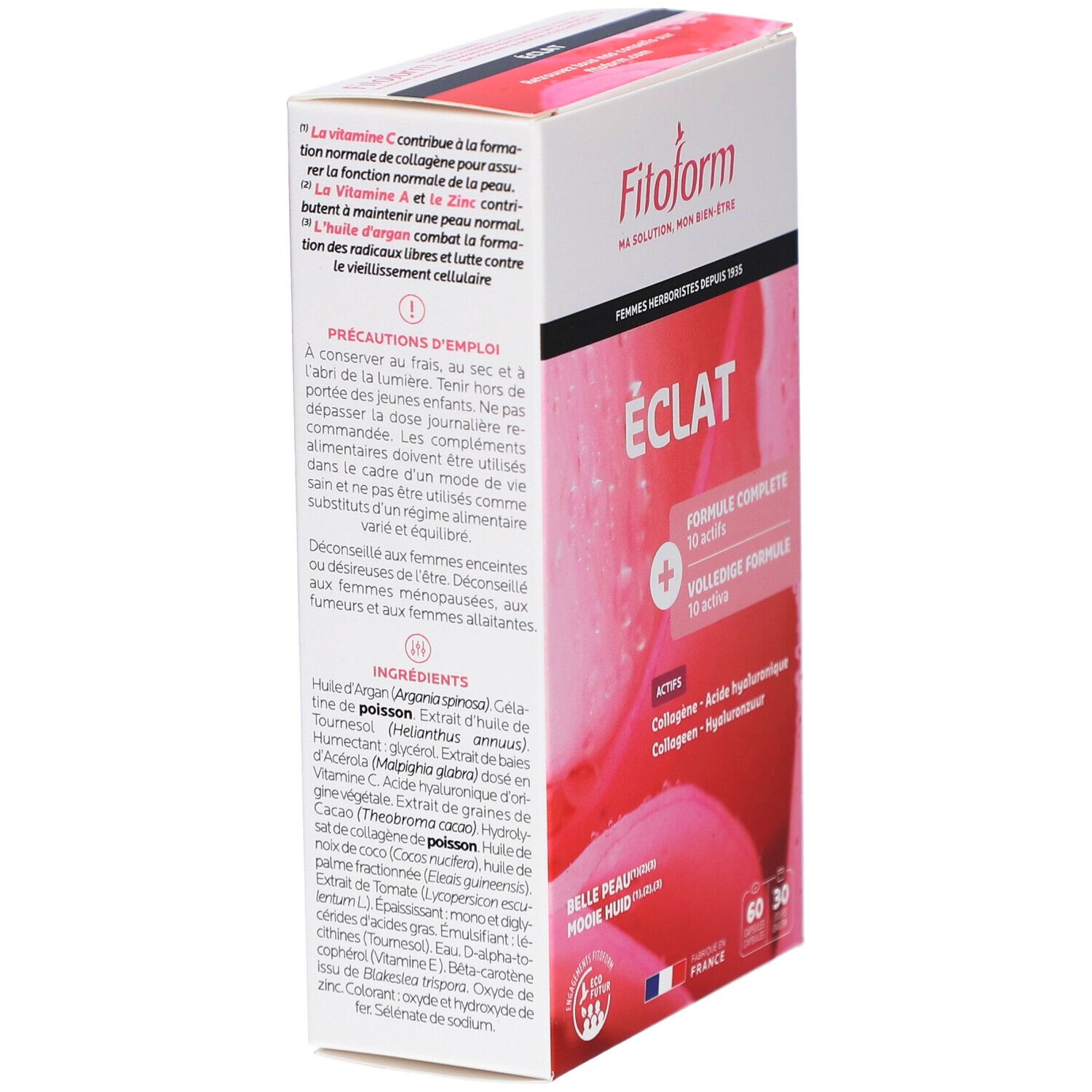 Vue latérale de la boîte Fitoform ÉCLAT. Contient 60 gélules. Texte: ÉCLAT, Formule Complete, Actifs. Drapeau français. Ingrédients et instructions.