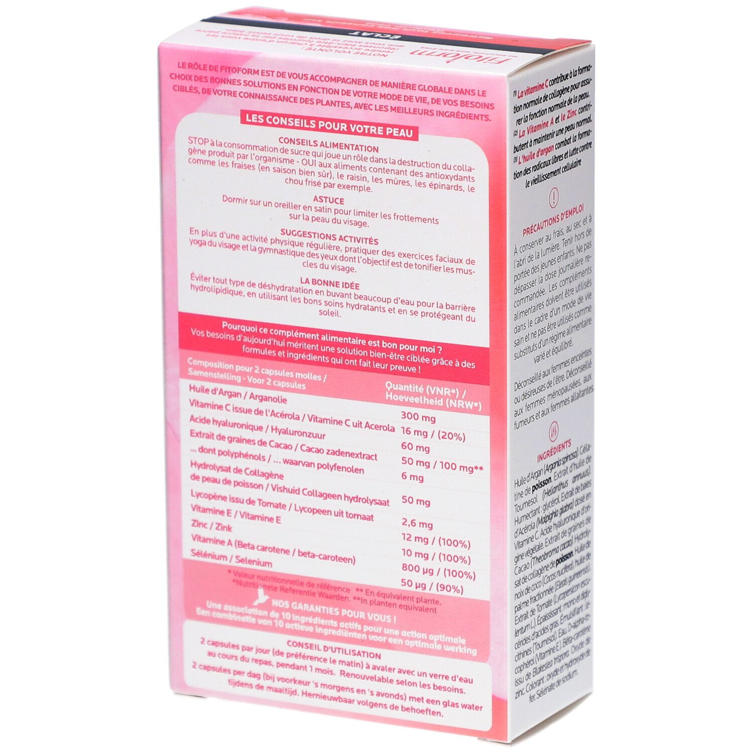 Dos de la boîte Fitoform ÉCLAT. Contient ingrédients, instructions et informations nutritionnelles. Texte en français et néerlandais.