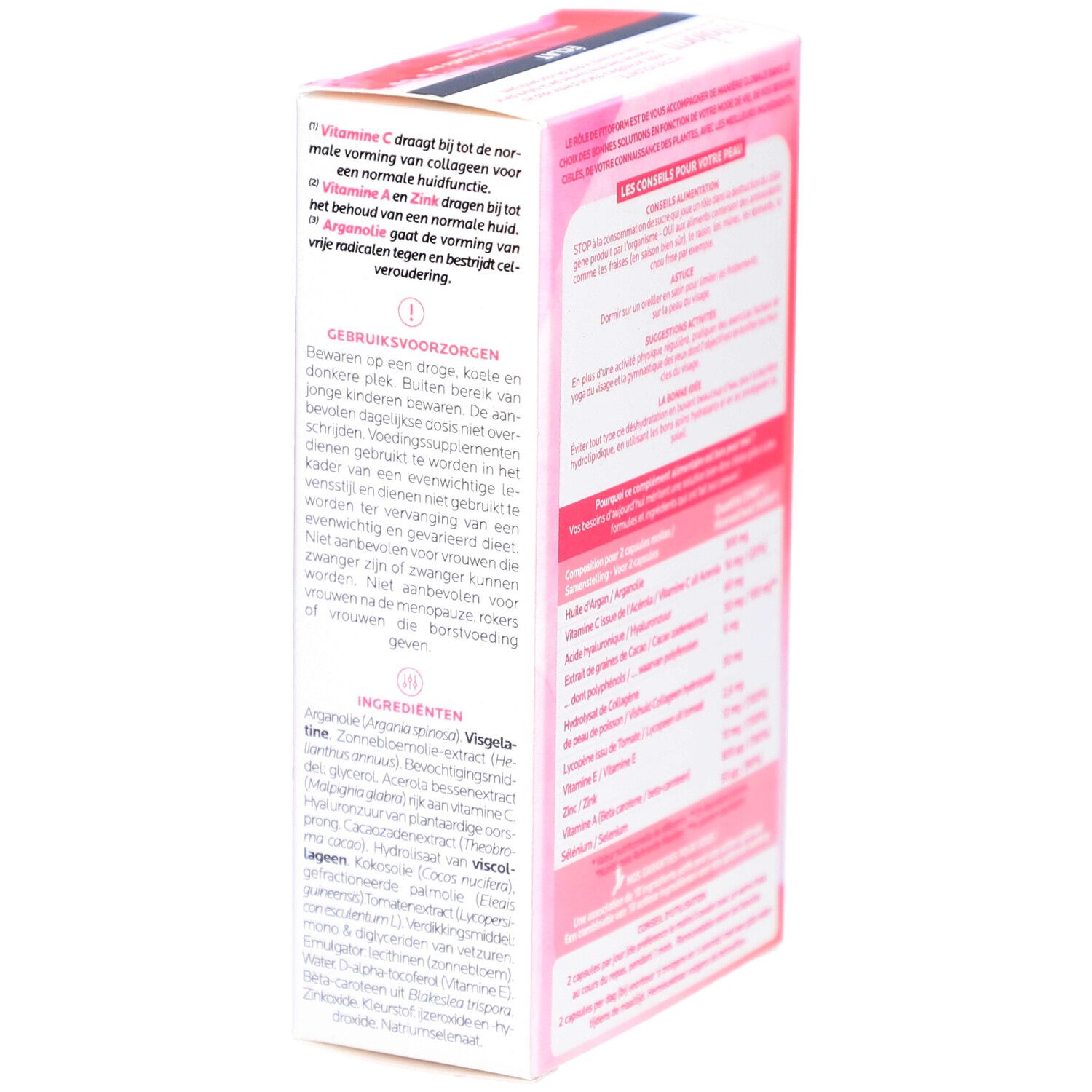 Vue latérale de la boîte Fitoform ÉCLAT. Contient ingrédients et instructions. Texte en français et néerlandais. 60 gélules.