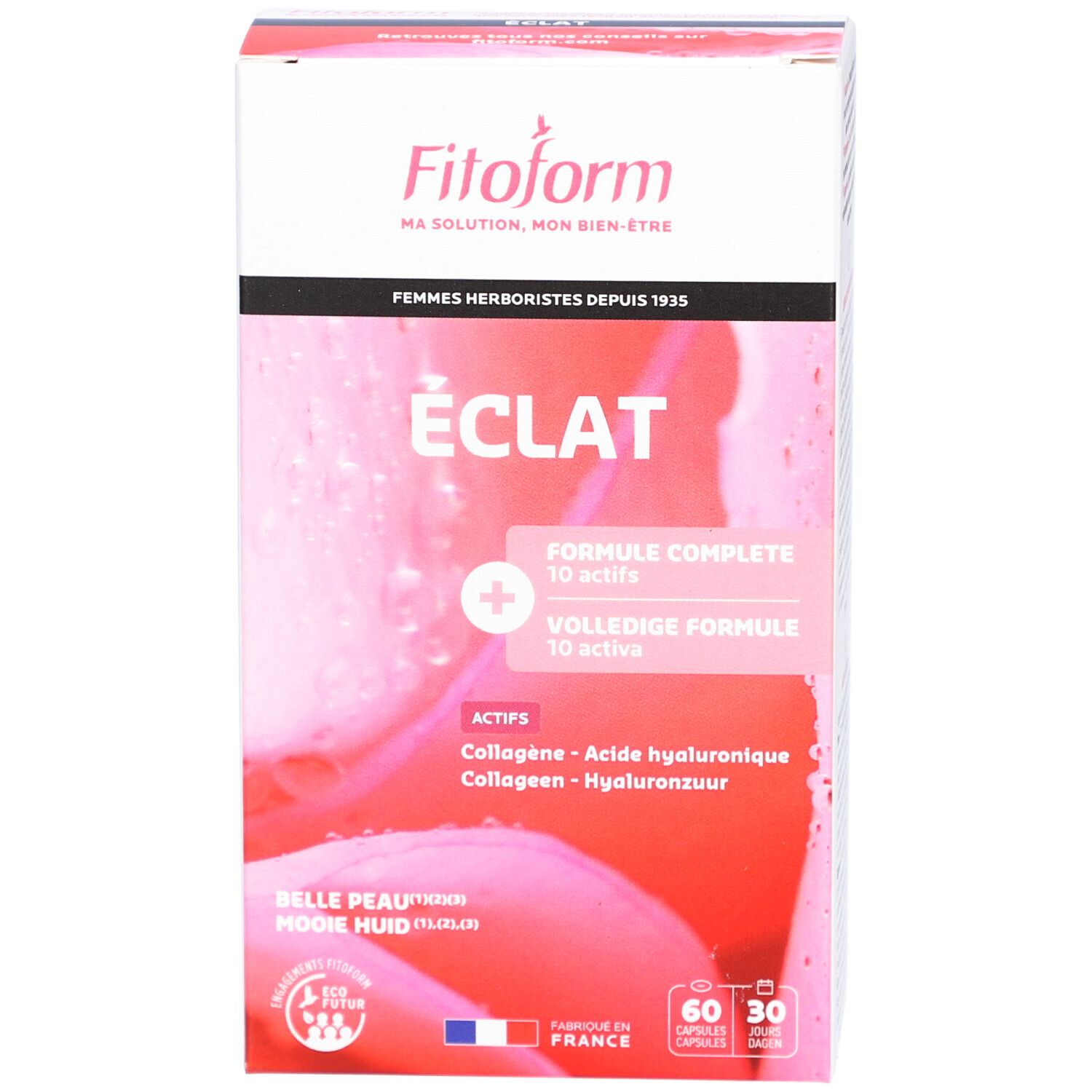 Vue de face de la boîte Fitoform ÉCLAT. Contient 60 gélules. Texte: ÉCLAT, Formule Complete, Actifs. Drapeau français. Contient collagène et acide hyaluronique.