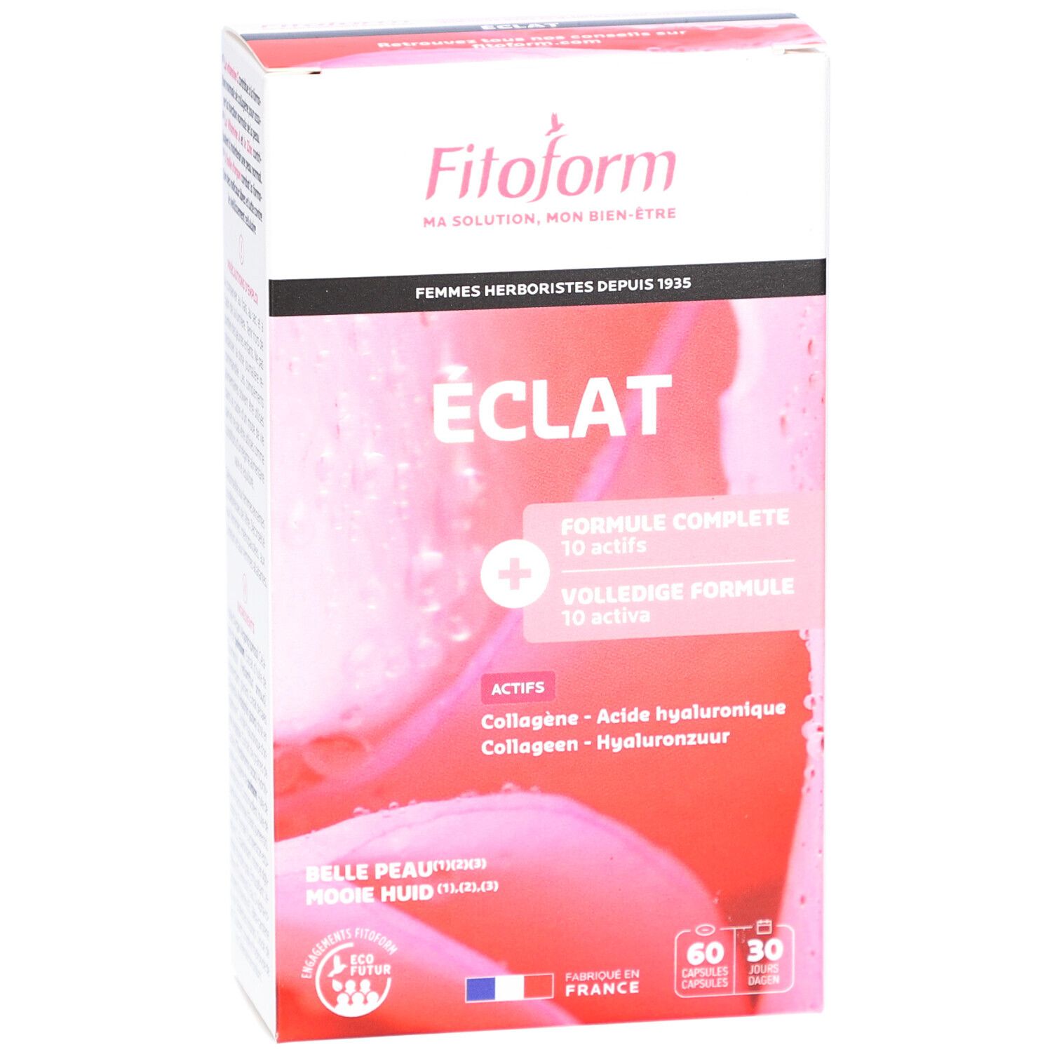 Vue de face de la boîte Fitoform ÉCLAT. Contient 60 gélules. Texte: ÉCLAT, Formule Complete, Actifs. Drapeau français. Contient collagène et acide hyaluronique.