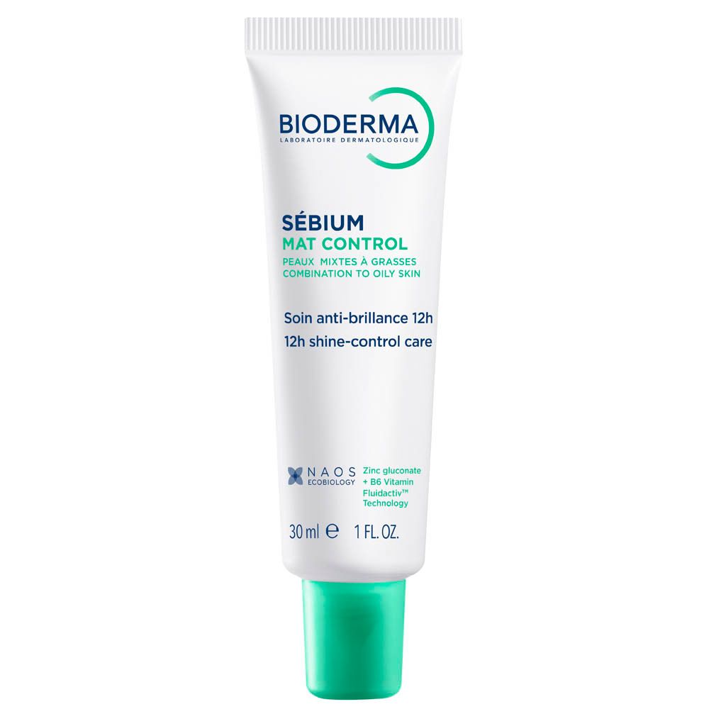 Tube blanc avec bouchon vert. Inscription: Bioderma Sébium Mat Control. 30ml, 1 FL.OZ.