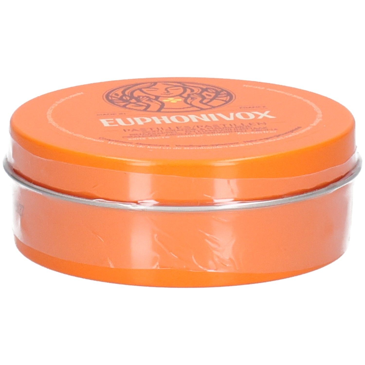 Boîte orange de pastilles Euphonivox, couvercle avec logo et inscription.