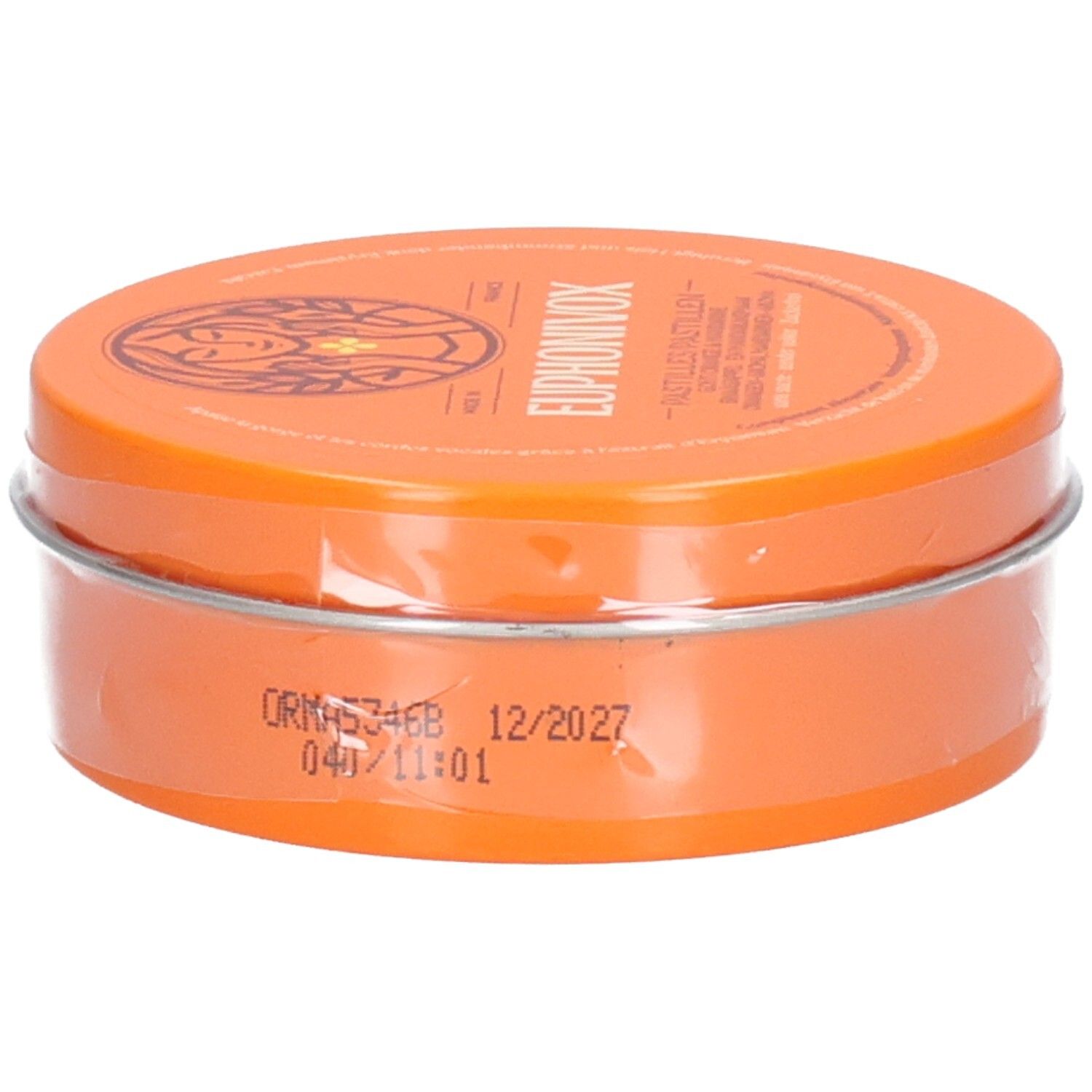 Boîte orange de pastilles Euphonivox, dessous avec numéro de lot et date de péremption.