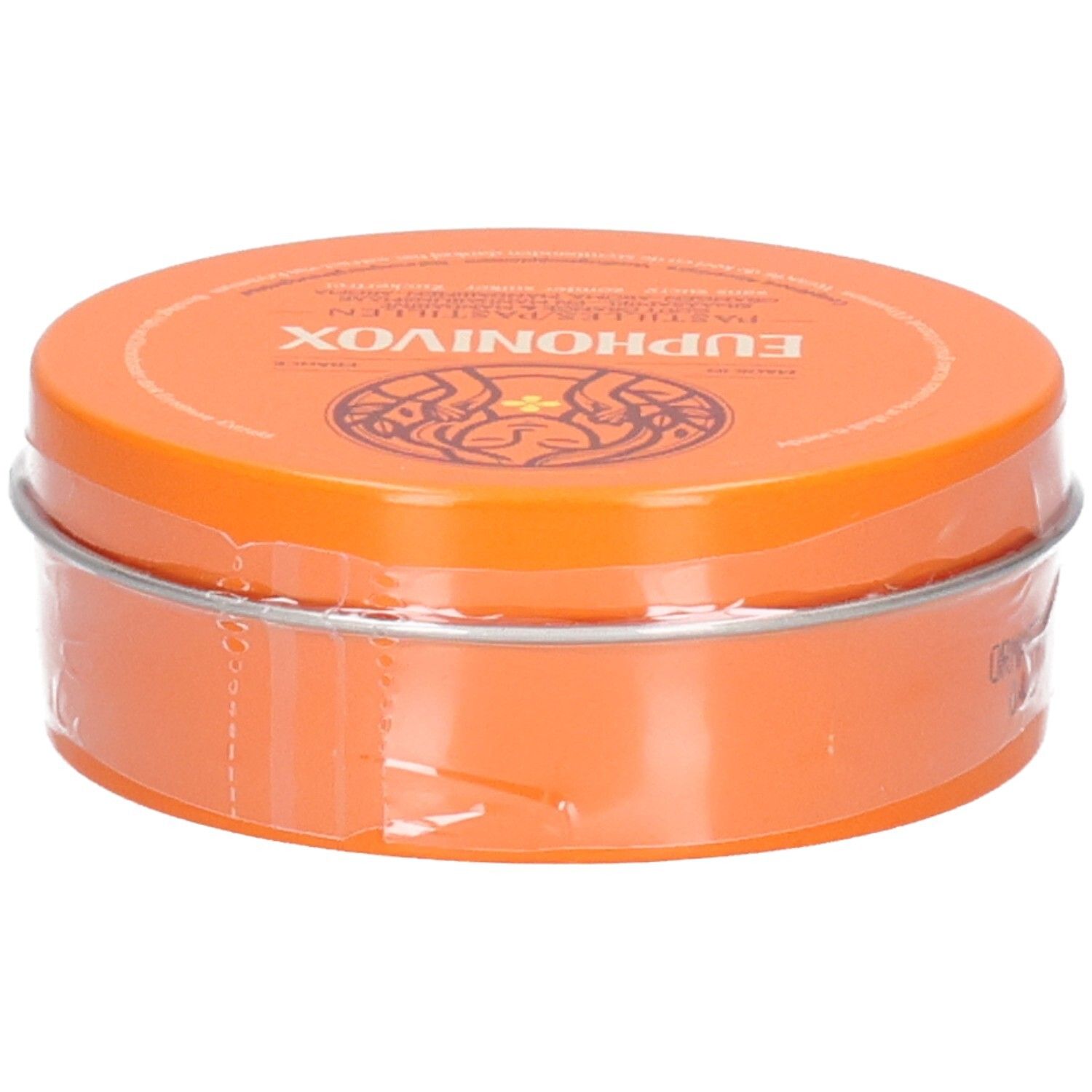 Boîte orange de pastilles Euphonivox, vue de côté, avec emballage plastique.