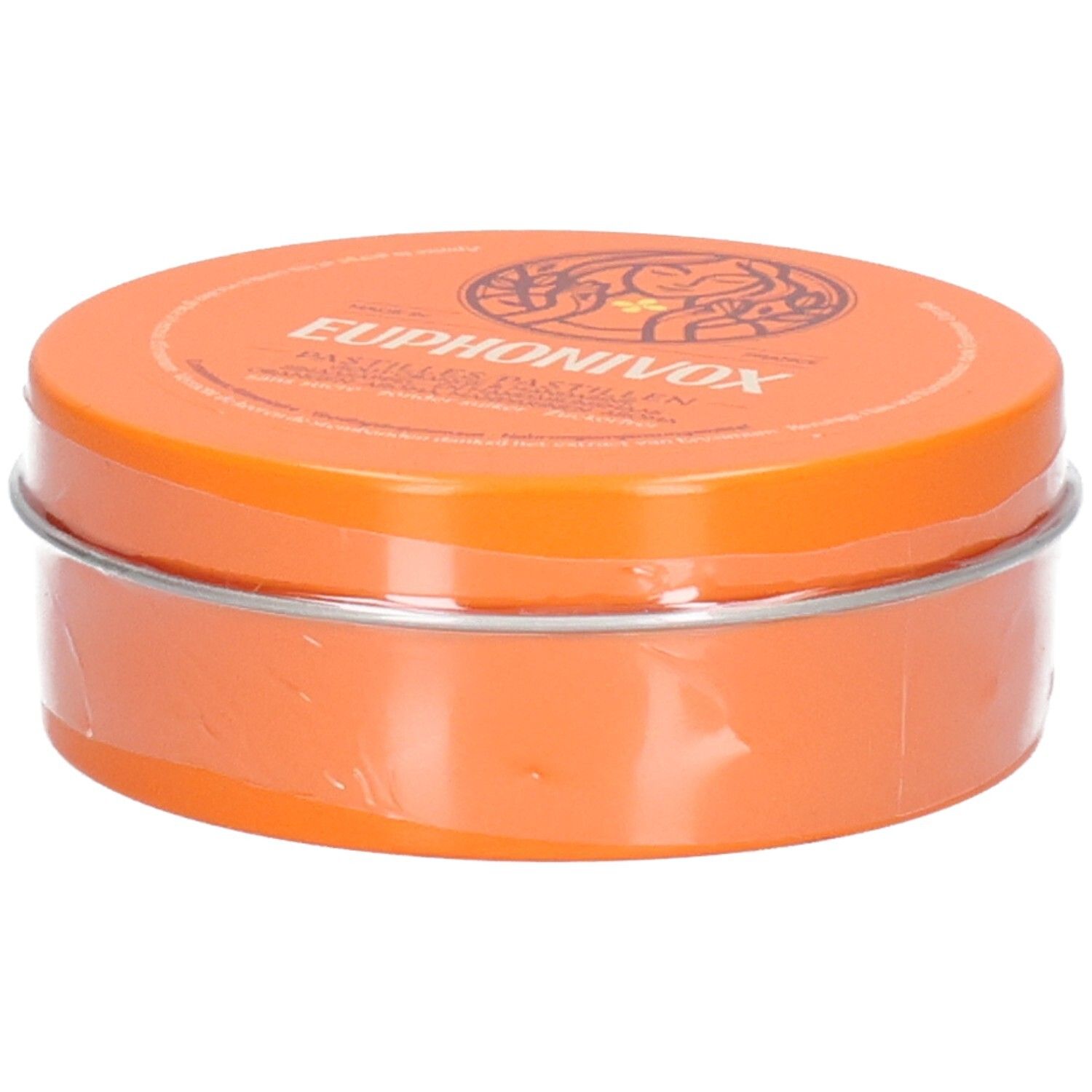 Boîte orange de pastilles Euphonivox, photographiée légèrement en biais par l'avant.