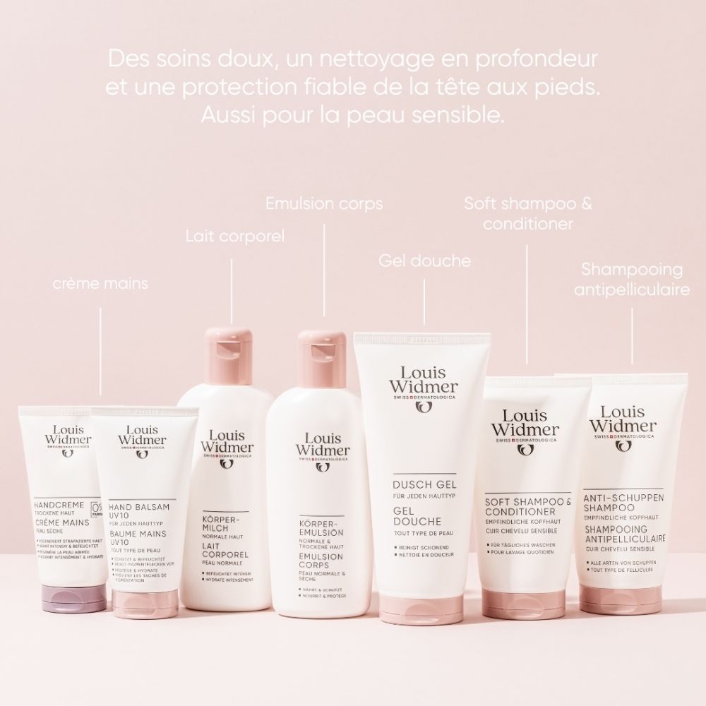 Plusieurs produits Louis Widmer, dont du gel douche et du shampooing.