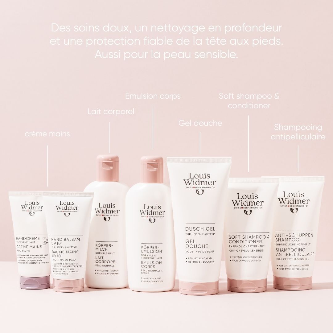 Gamme de produits Louis Widmer. Produits: crème mains, lait corporel, gel douche, shampooing.
