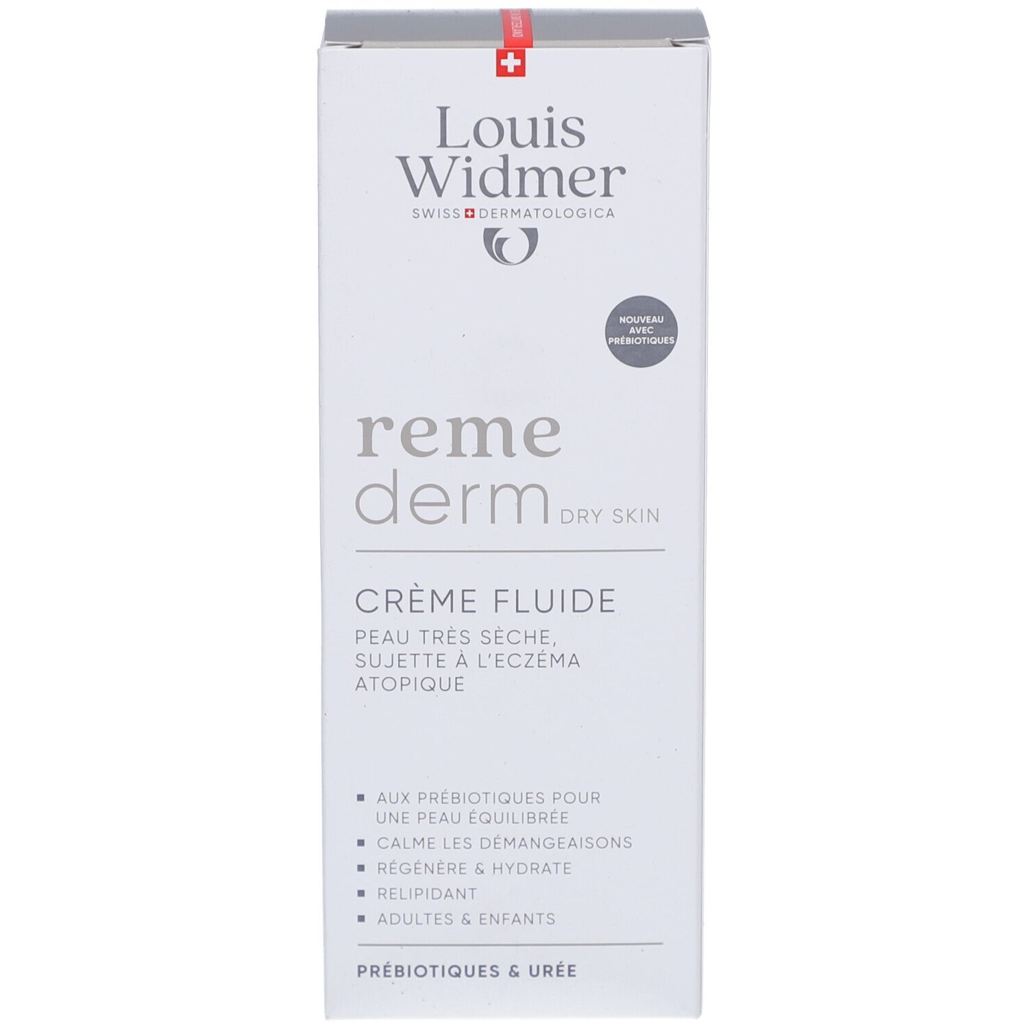 Emballage Louis Widmer Remederm Crème Fluide. Blanc, logo et nom du produit. Pour peaux sèches.