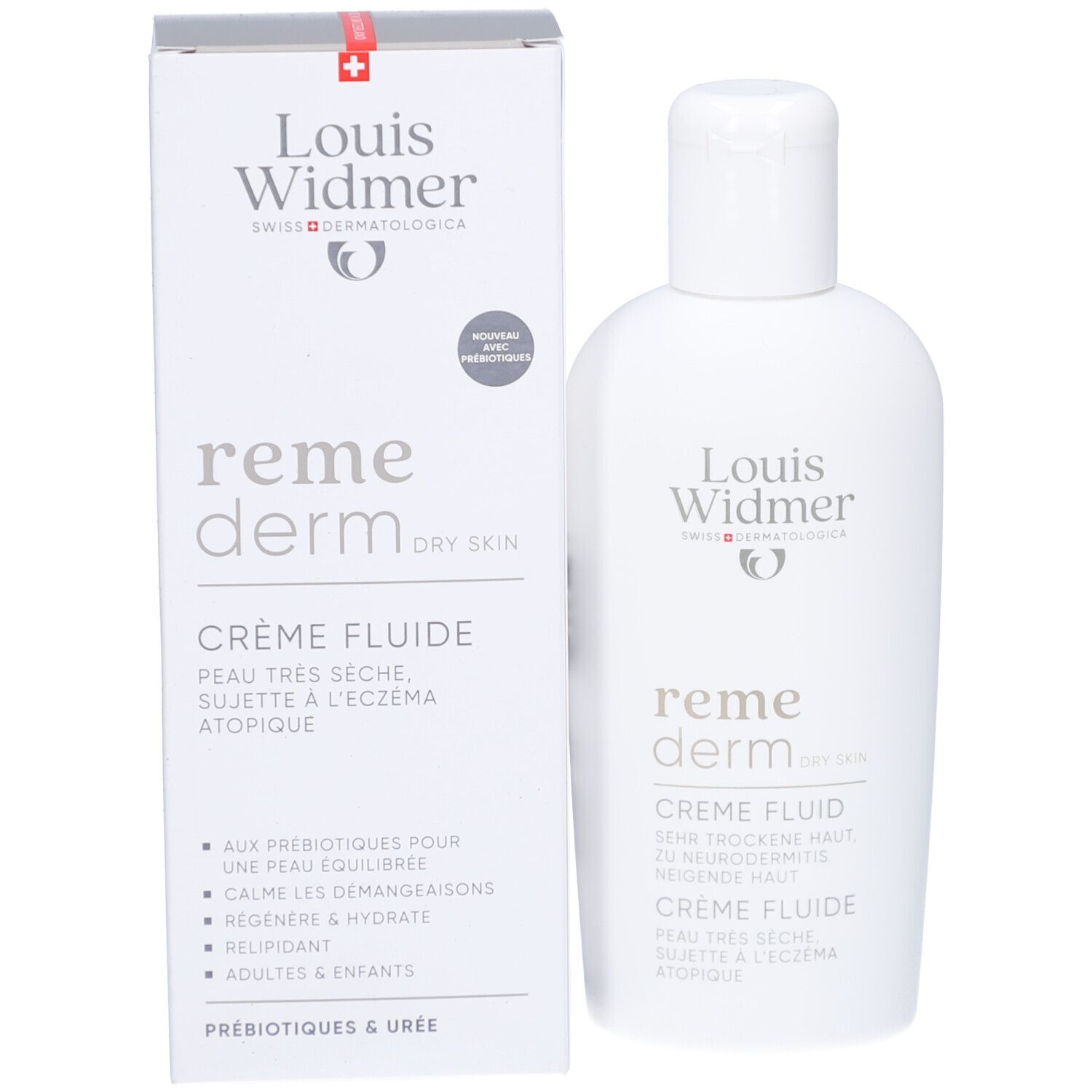 Louis Widmer Remederm Crème Fluide et emballage. Flacon et carton blancs. Pour peaux sèches.