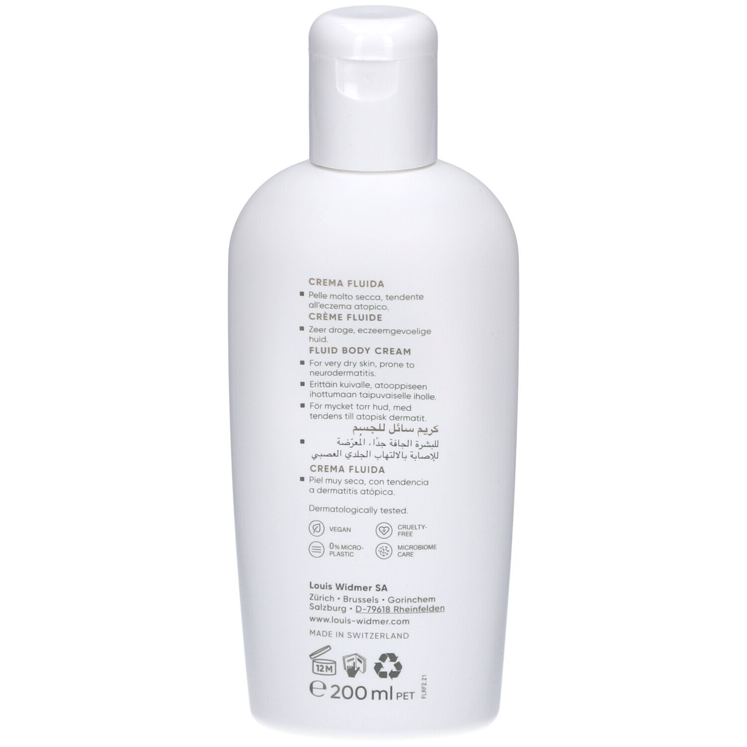 Dos du flacon de crème fluide blanc. Texte en plusieurs langues. Logos: Vegan, sans cruauté, testé dermatologiquement.