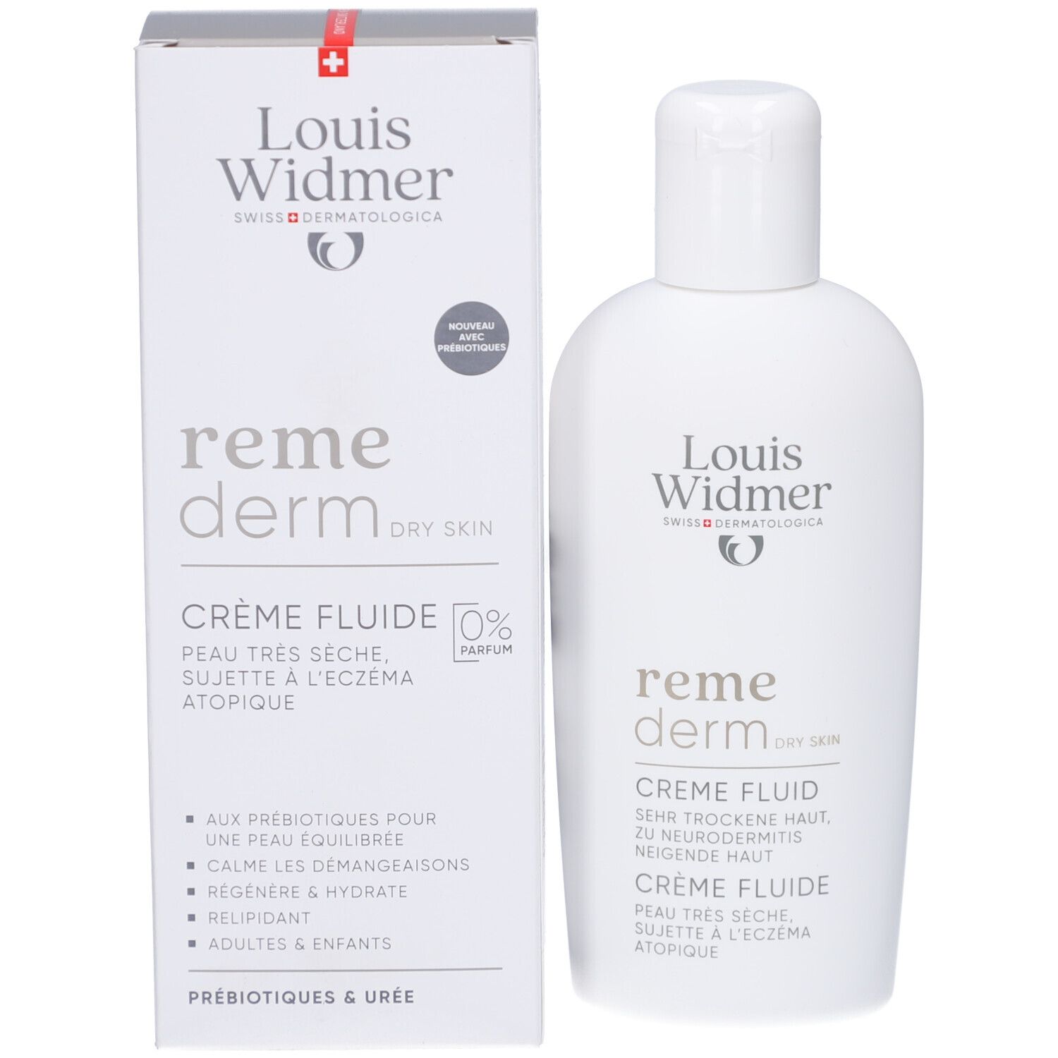 Emballage et flacon de crème fluide. Logo Louis Widmer. Texte: Crème fluide, 0% Parfum. Avec prébiotiques.