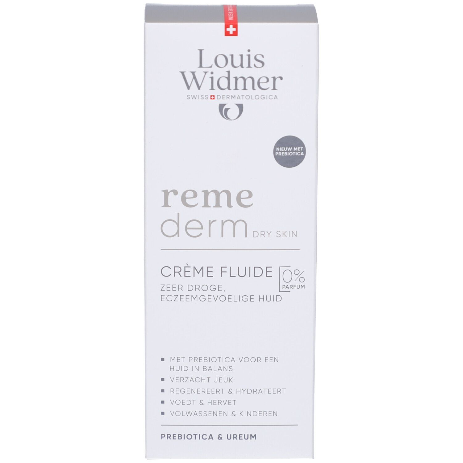 Emballage du produit. Logo Louis Widmer. Texte: Crème fluide, 0% Parfum. Avec prébiotiques. Pour peau sèche.