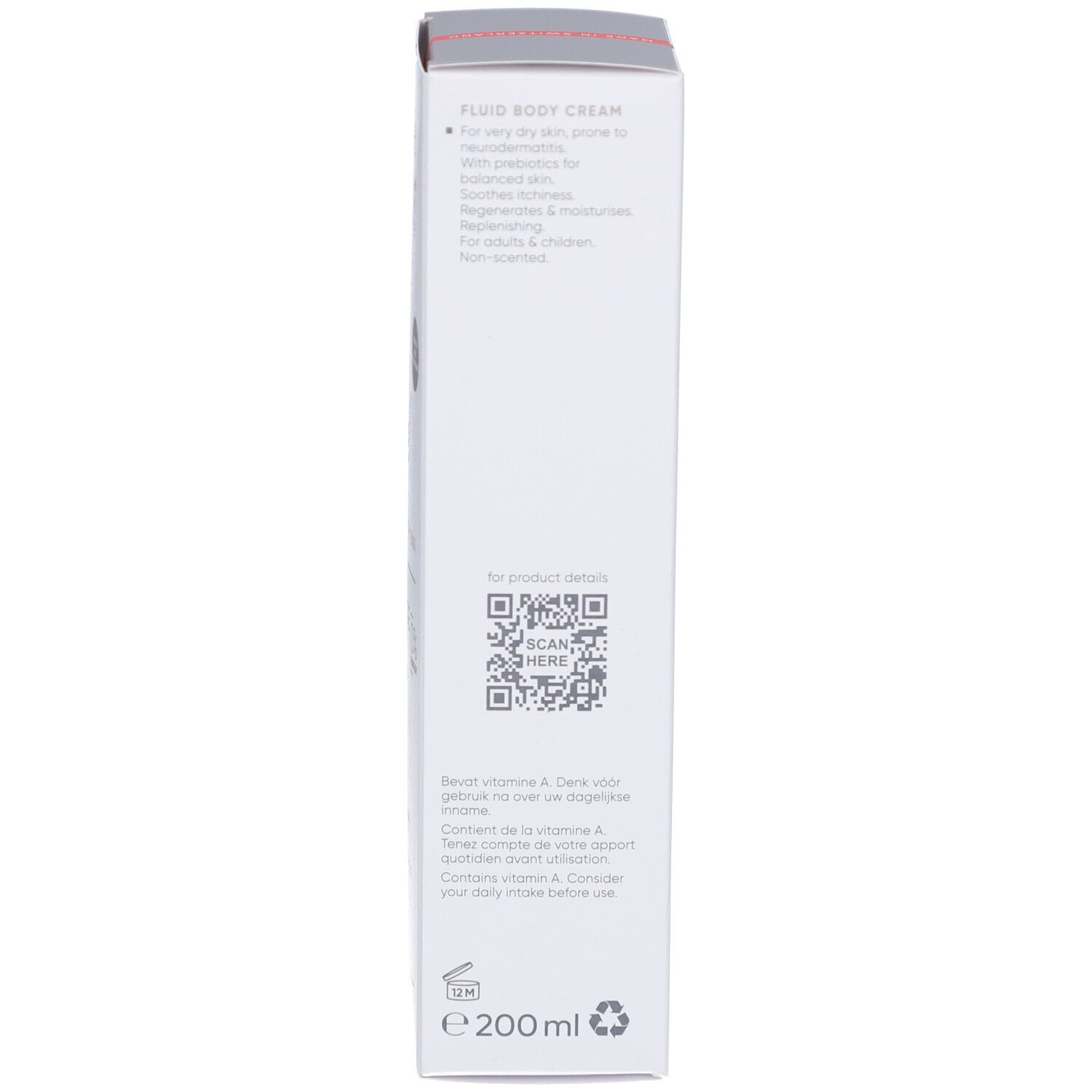 Emballage du produit, dos. Texte: Crème fluide pour le corps. Code QR. 200 ml. Contient de la vitamine A.