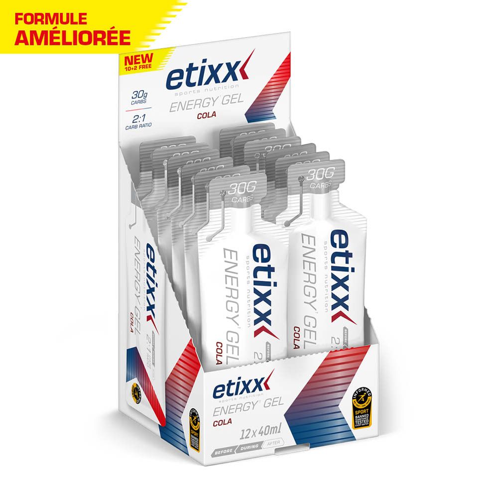 Deux sachets de gel énergétique. Nouveau look, même goût, formule améliorée.